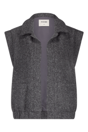 Grey sleeveless gilet women boucle with a collar, side pockets, no zipper. 