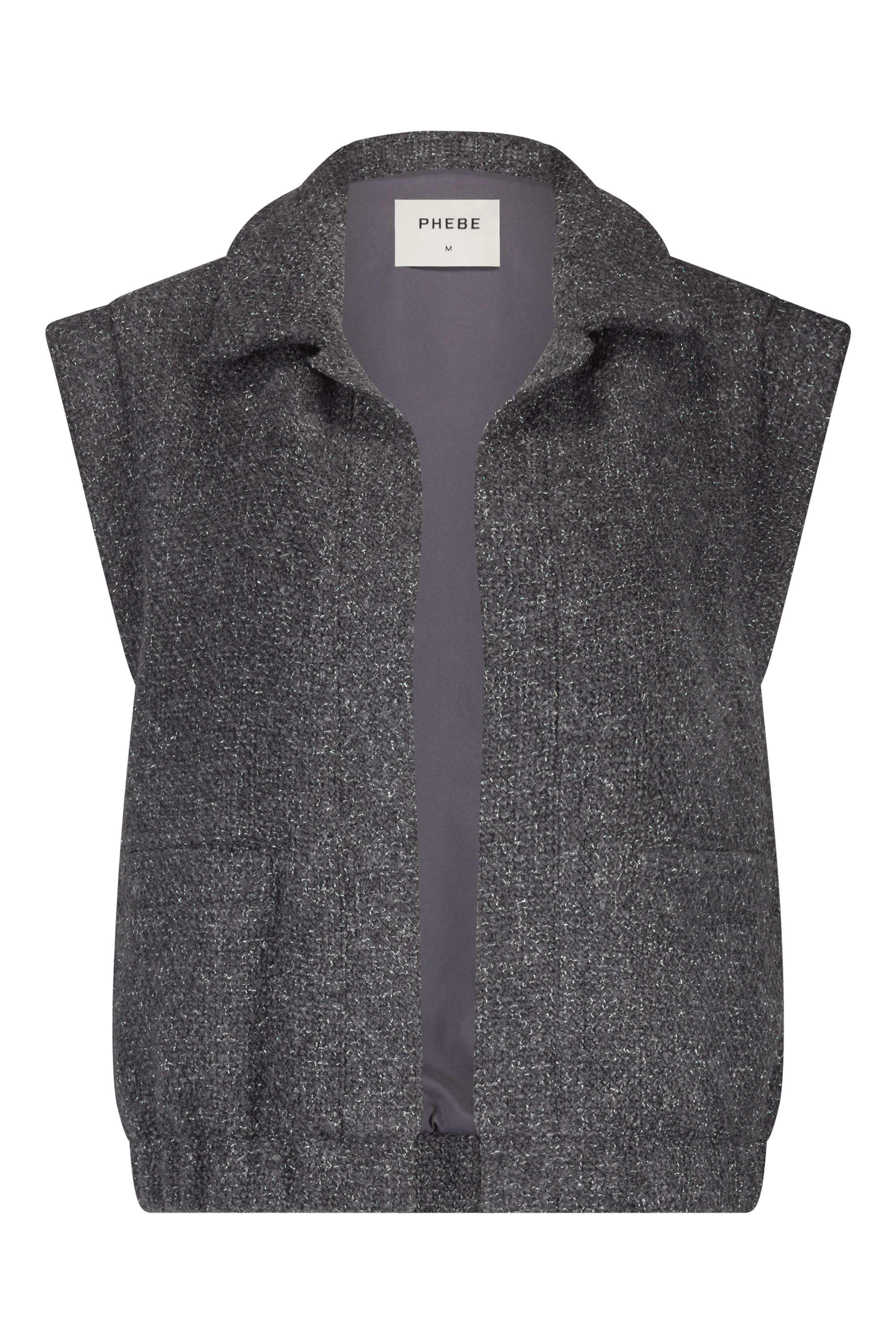 Grey sleeveless gilet women boucle with a collar, side pockets, no zipper. 