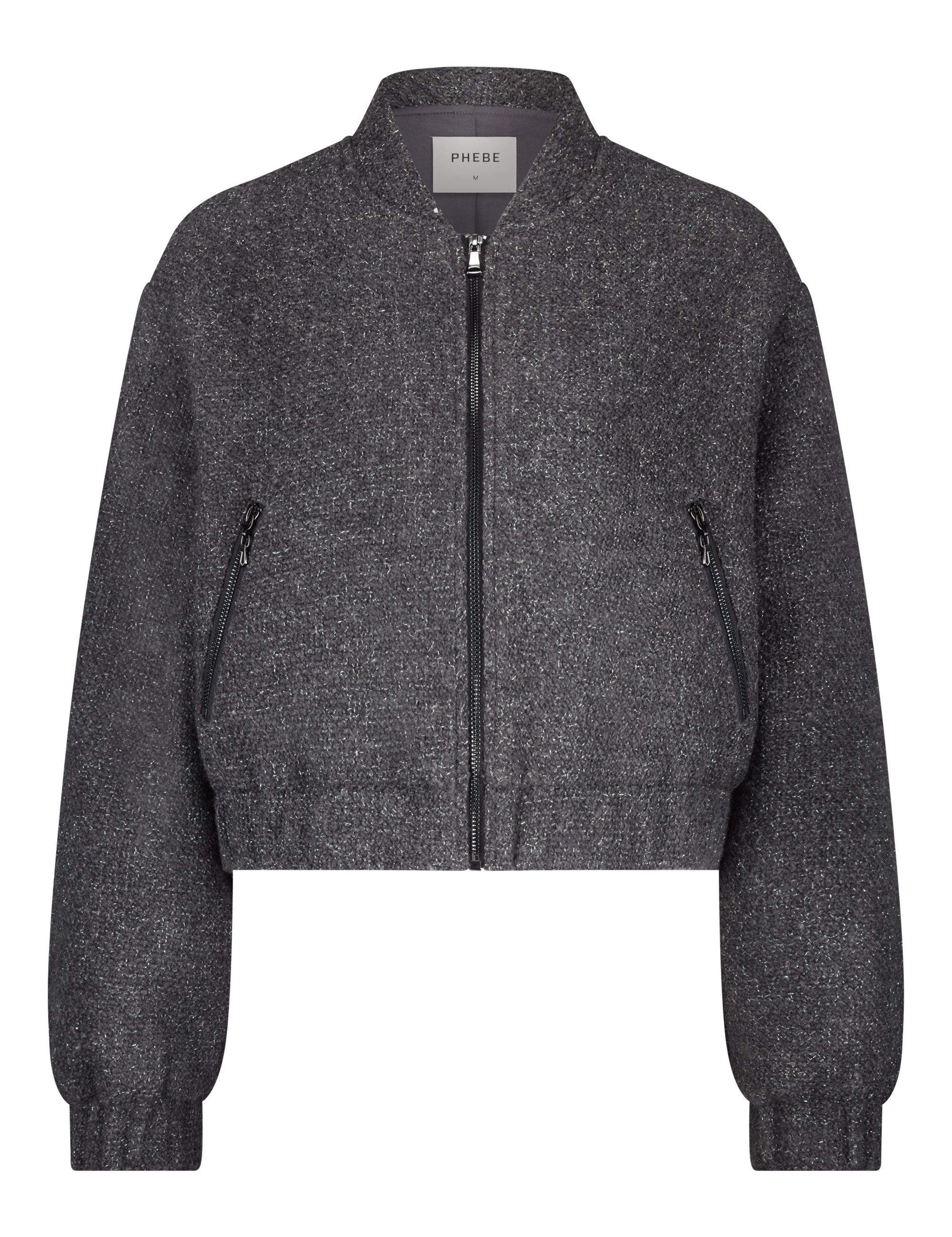 Grey bomber jacket with zipper and side pockets in glitter boucle women
