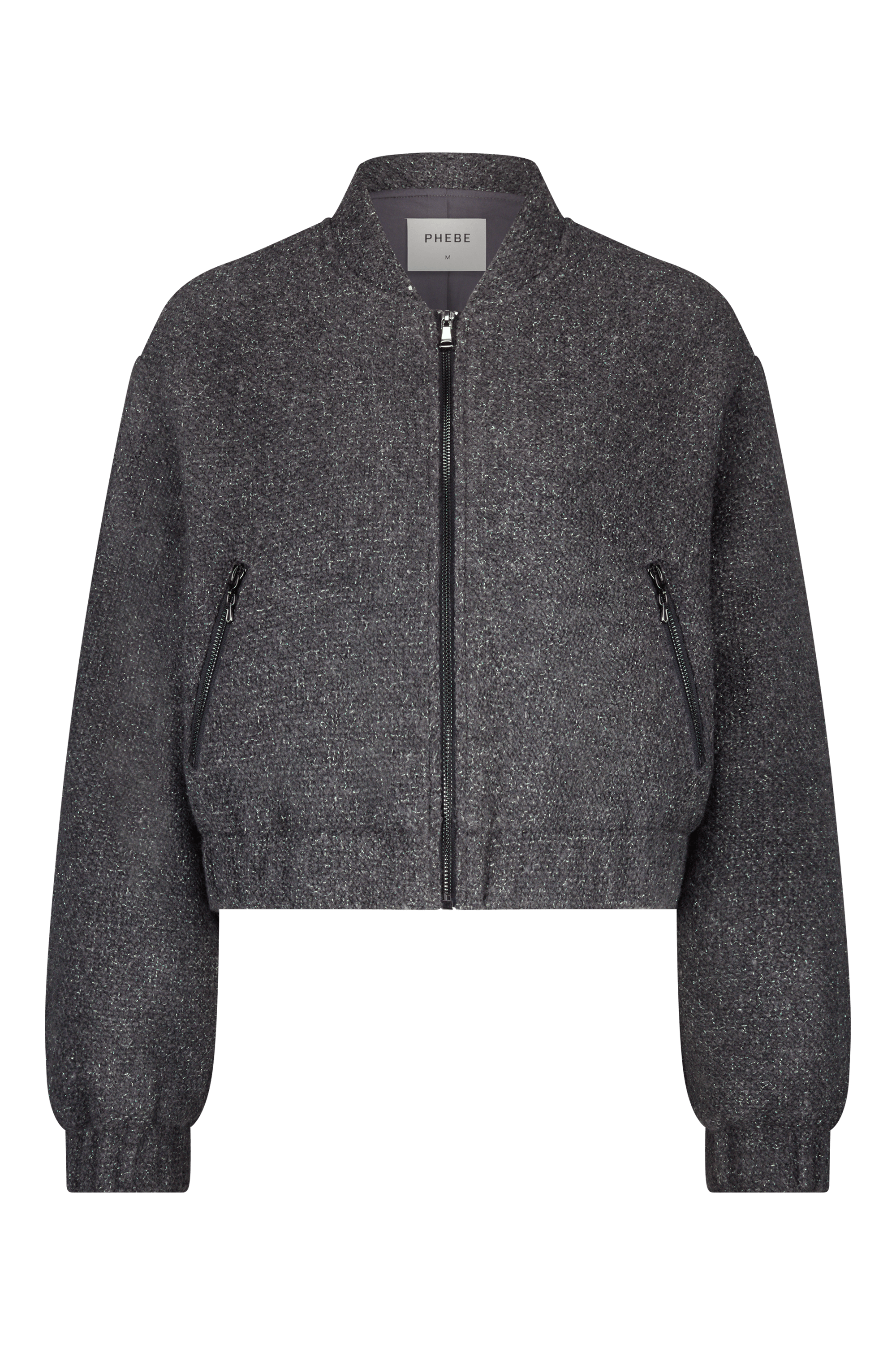 Grey bomber jacket with zipper and side pockets in glitter boucle women