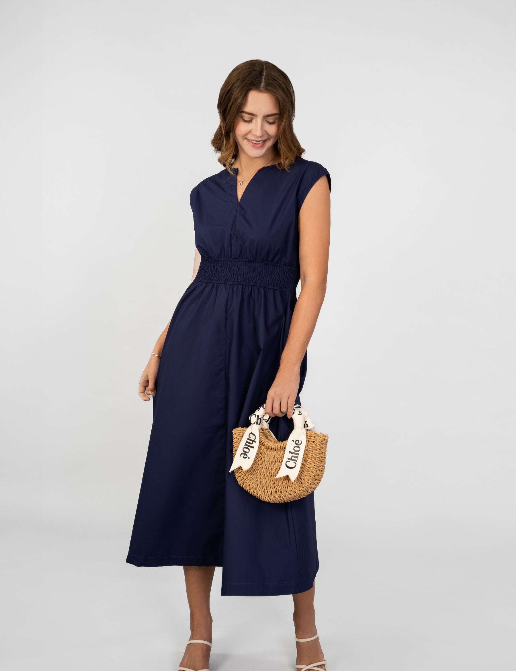 smock dress, v hals jurk, sleeveless jurk, maxi dress, cotton dress, katoenen jurk