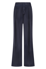 Wide-leg high-waist luxurious satin pants in dark blue/navy, non static, with high stretch