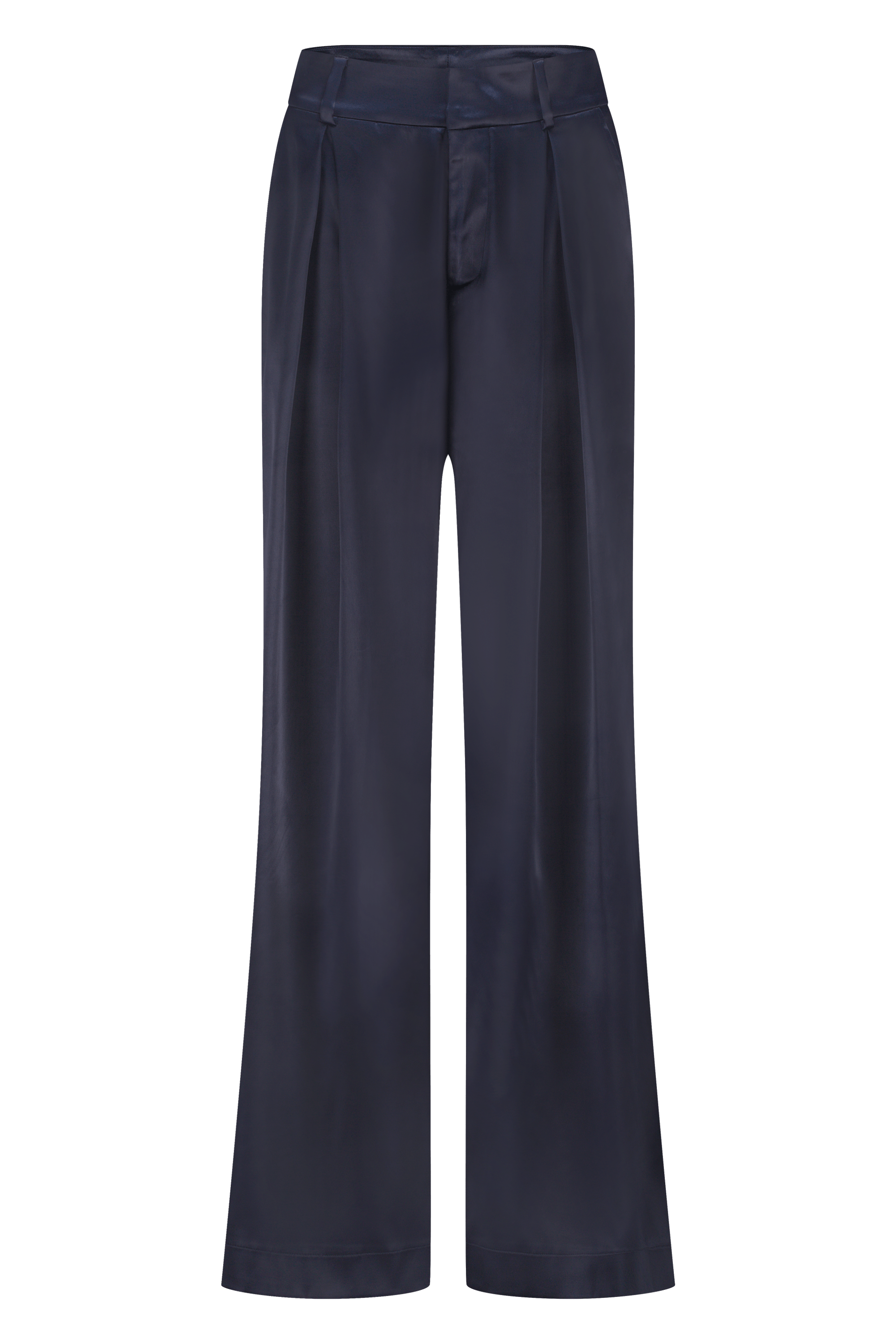 Wide-leg high-waist luxurious satin pants in dark blue/navy, non static, with high stretch