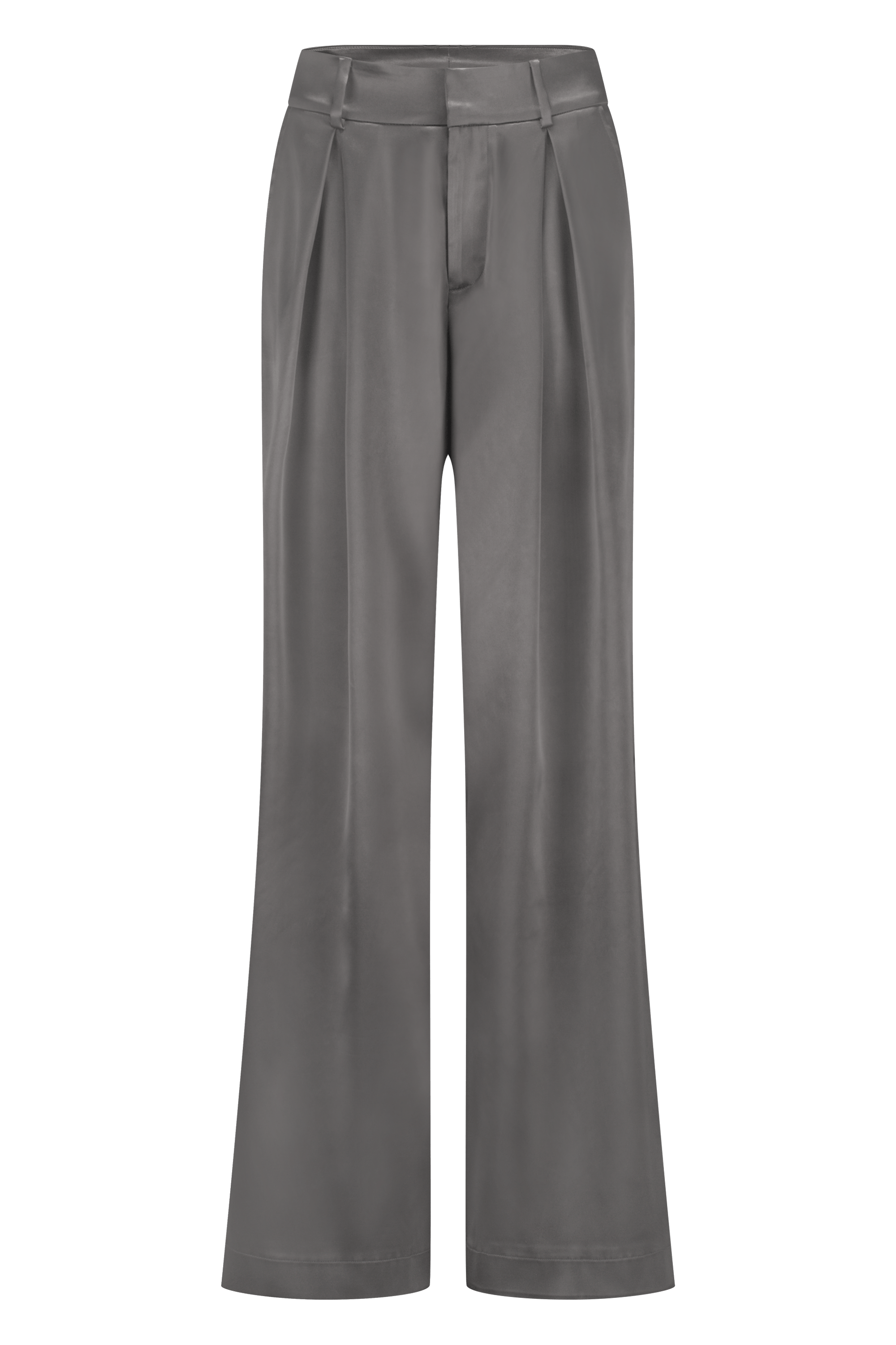 Wide-leg high-waist luxurious satin pants in onyx grey, non static, with high stretch - front view