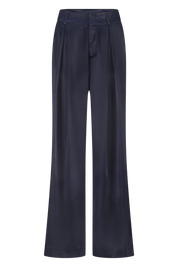 Wide-leg high-waist luxurious satin pants in dark blue/navy, non static, with high stretch