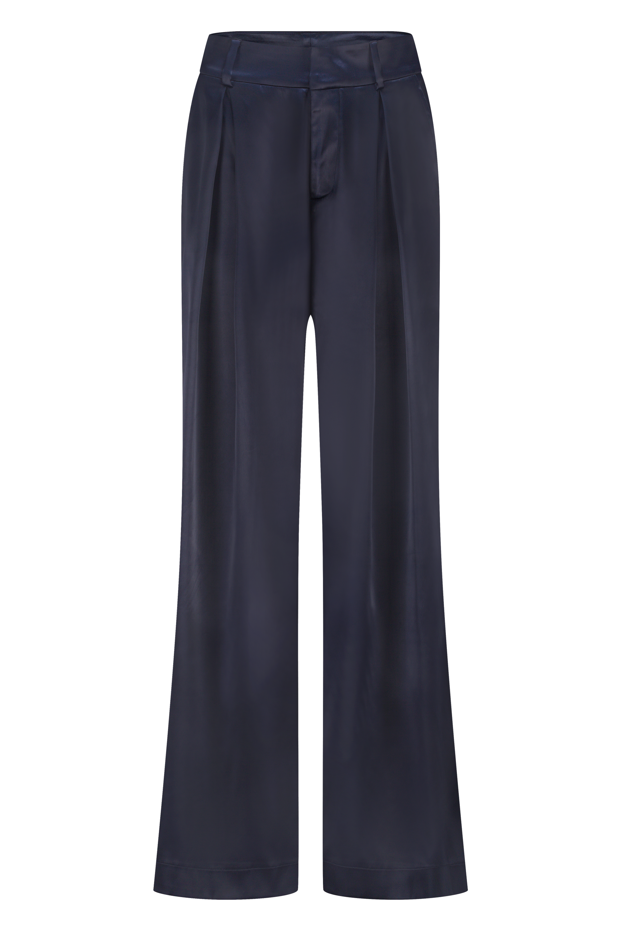 Wide-leg high-waist luxurious satin pants in dark blue/navy, non static, with high stretch