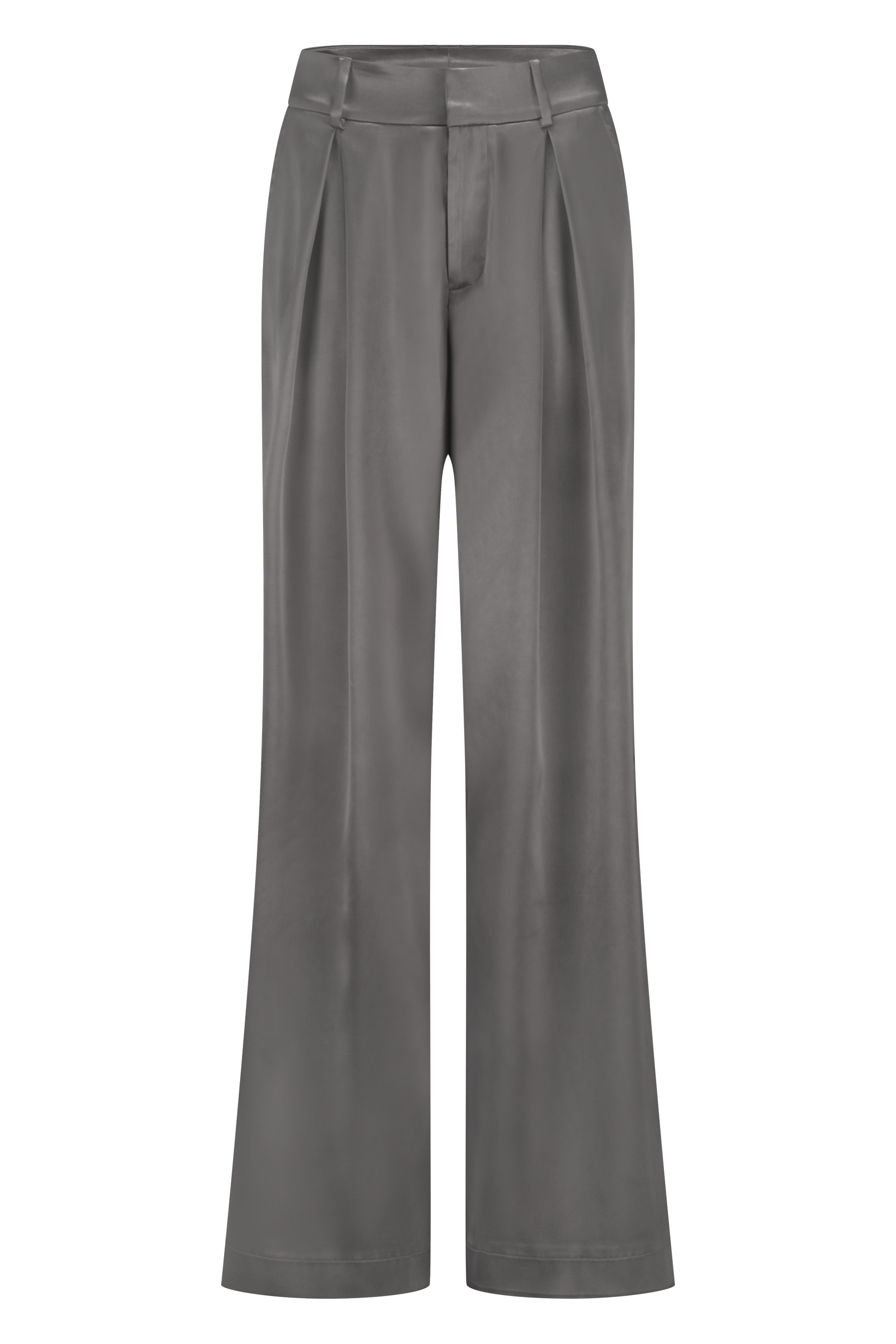Wide-leg high-waist luxurious satin pants in onyx grey, non static, with high stretch - front view