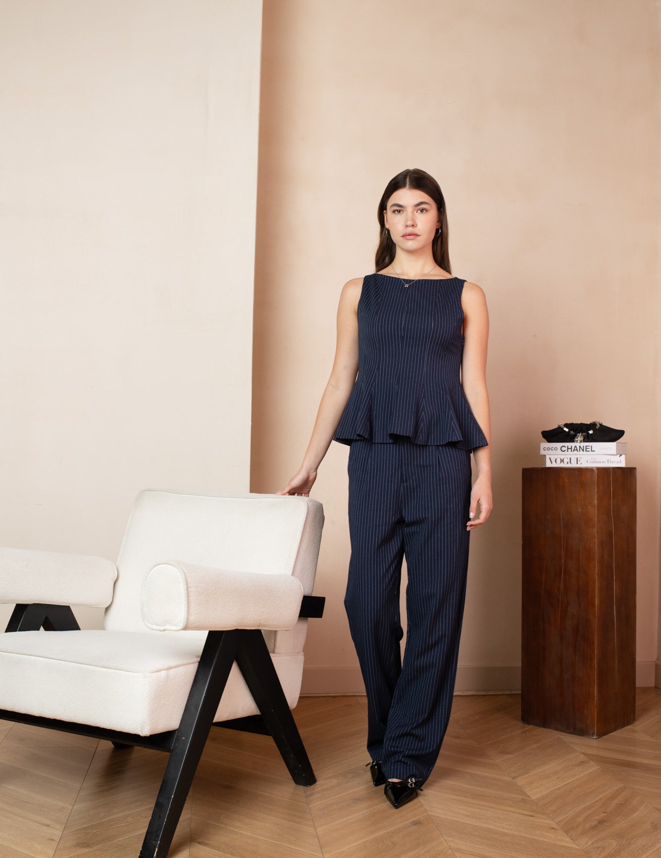 Dark blue peplum pinstripe fitted top PHEBE with pinstriped pants