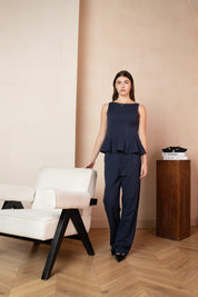Navy/Dark blue peplum pinstripe fitted top PHEBE with pinstriped pants