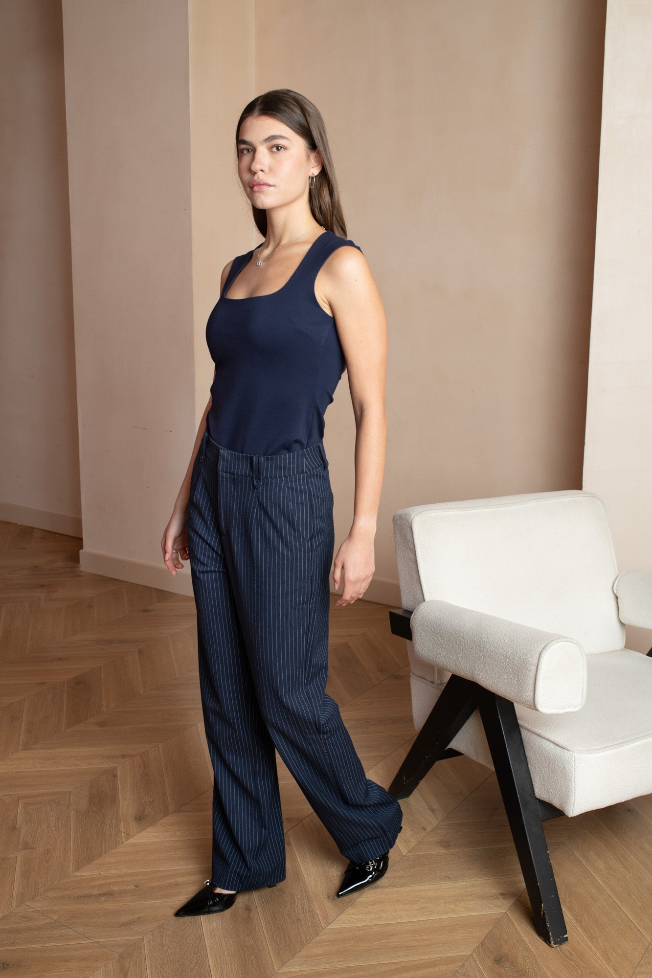 Wide leg fitted pinstripe dark blue/navy pants 