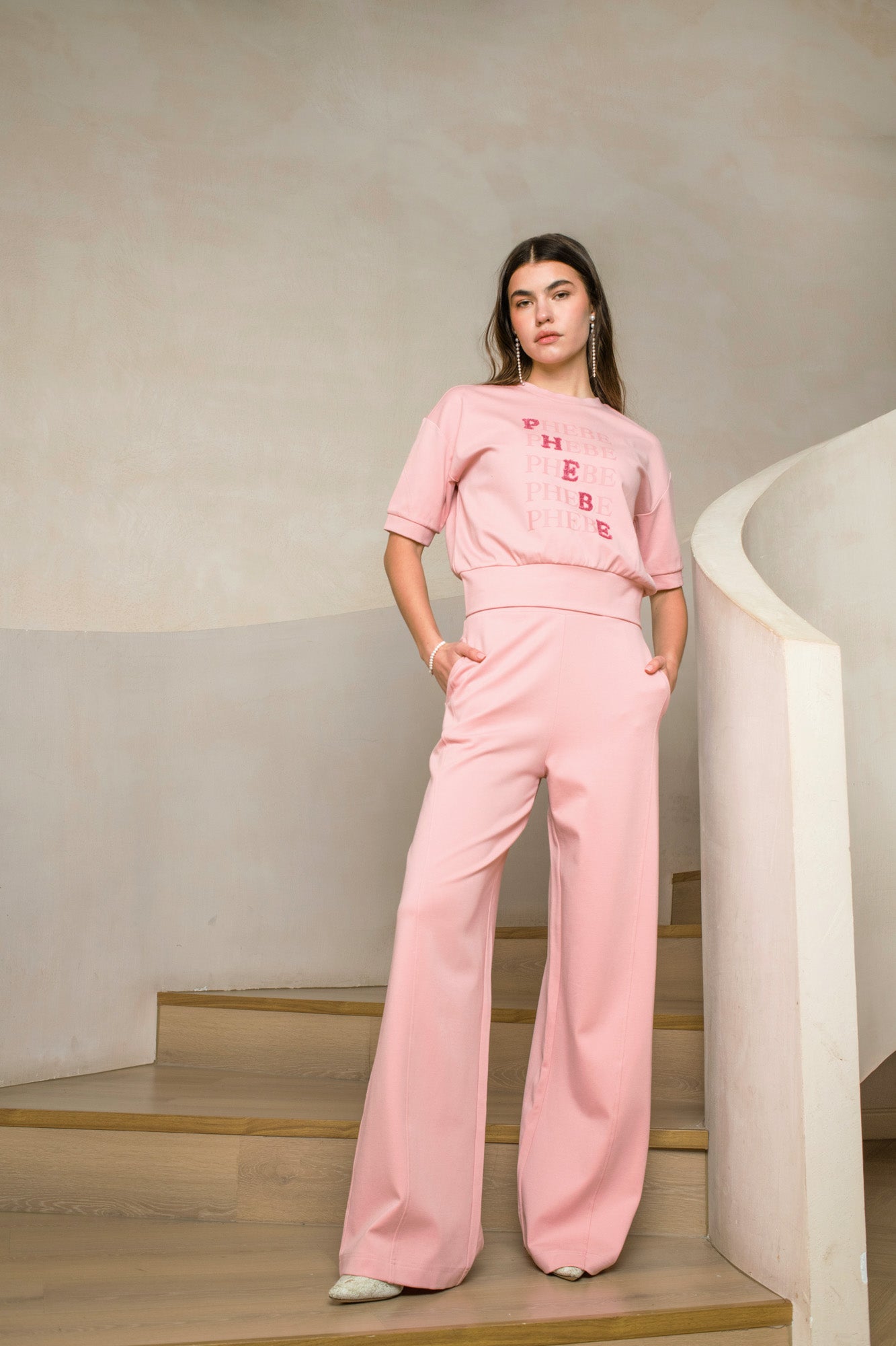 Pink punta di roma sweat top with PHEBE embrodery