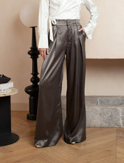 Wide-leg high-waist luxurious satin pants in onyx grey, non static, with high stretch