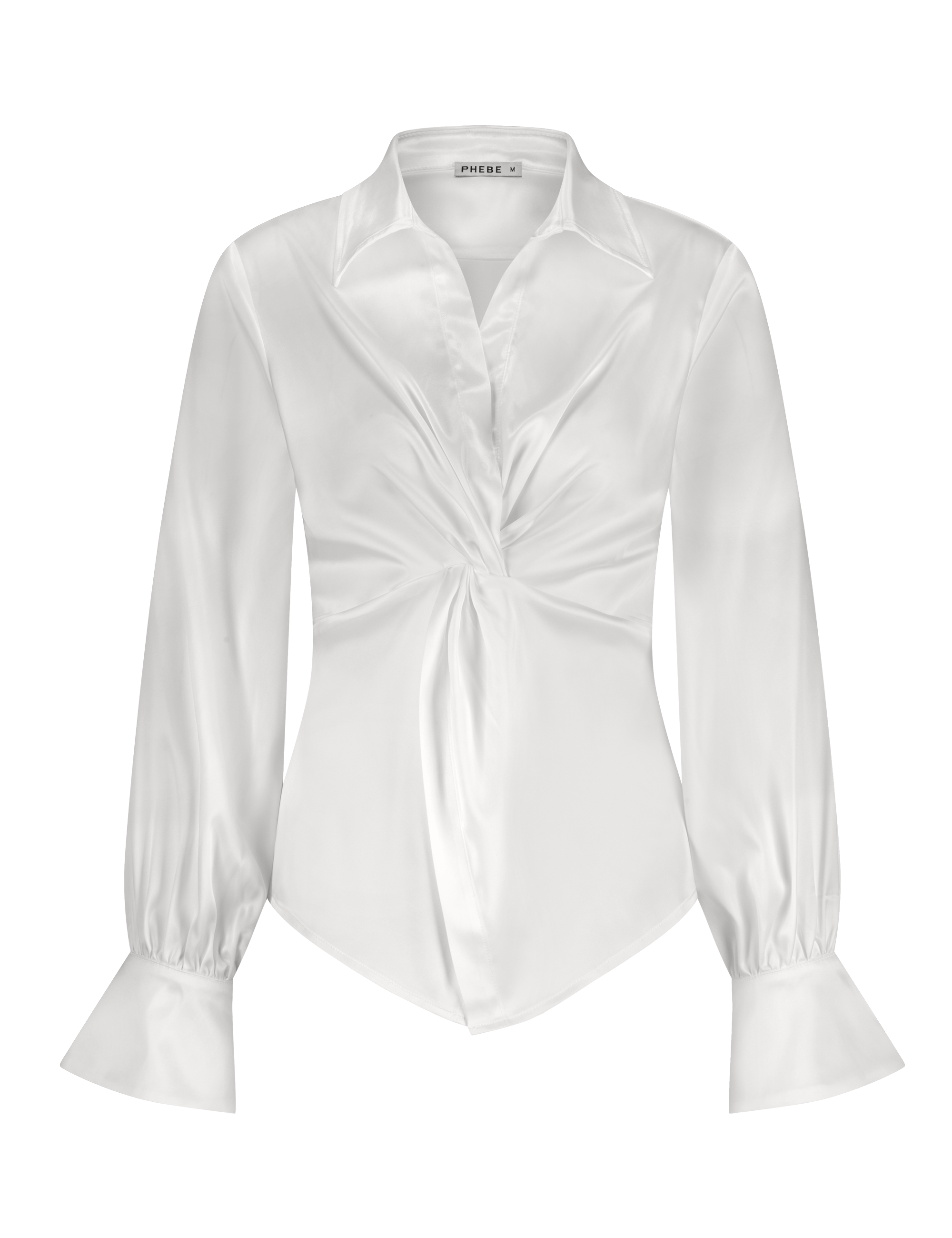 Luxurious satin blouse white with knot detail, non static, with high stretch - front view
