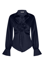 Luxurious satin blouse dark blue/navy with knot detail, non static, with high stretch - front view