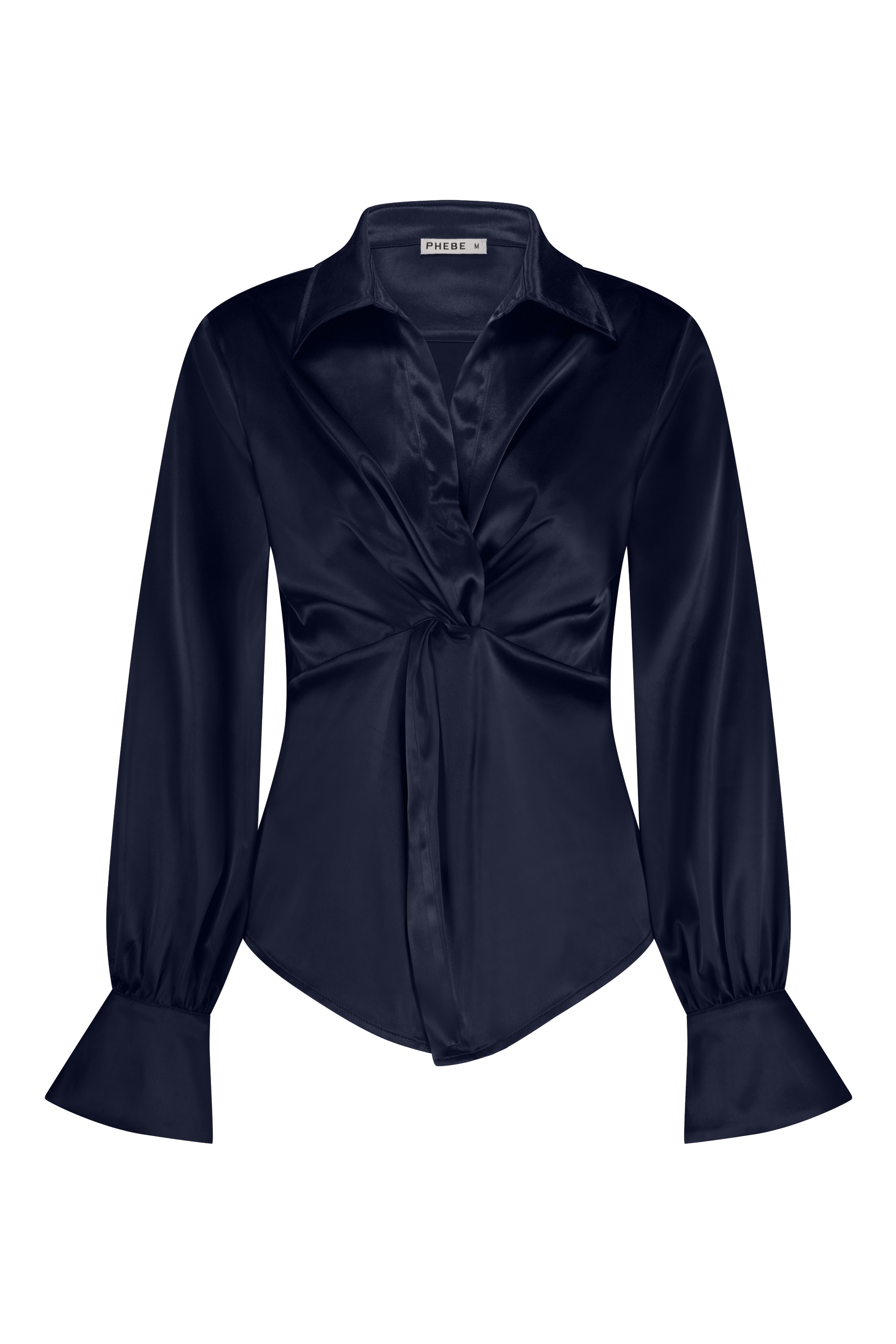Luxurious satin blouse dark blue/navy with knot detail, non static, with high stretch - front view