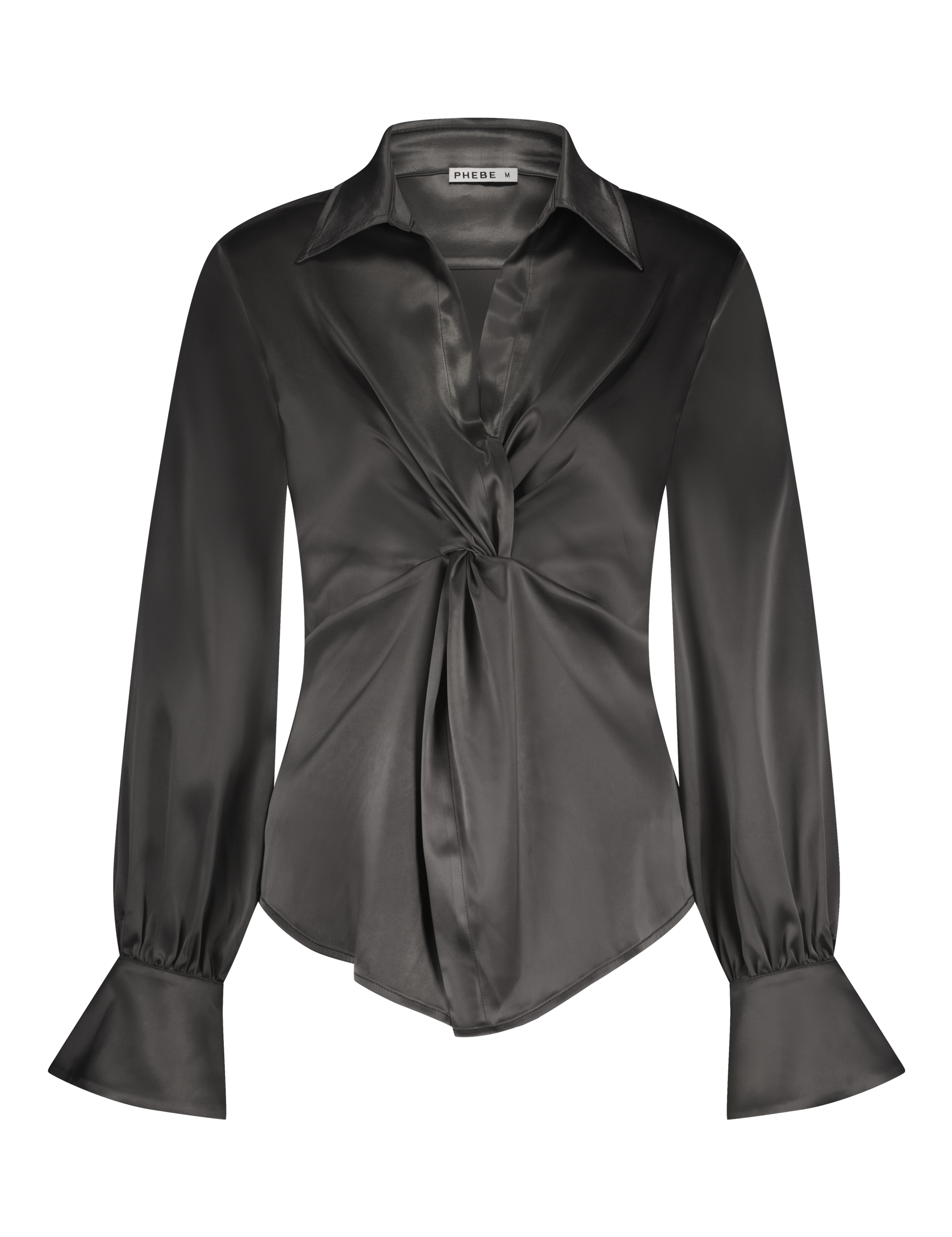 Luxurious satin blouse white with knot detail, non static, with high stretch - front view