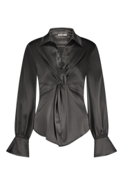 Luxurious satin blouse white with knot detail, non static, with high stretch - front view
