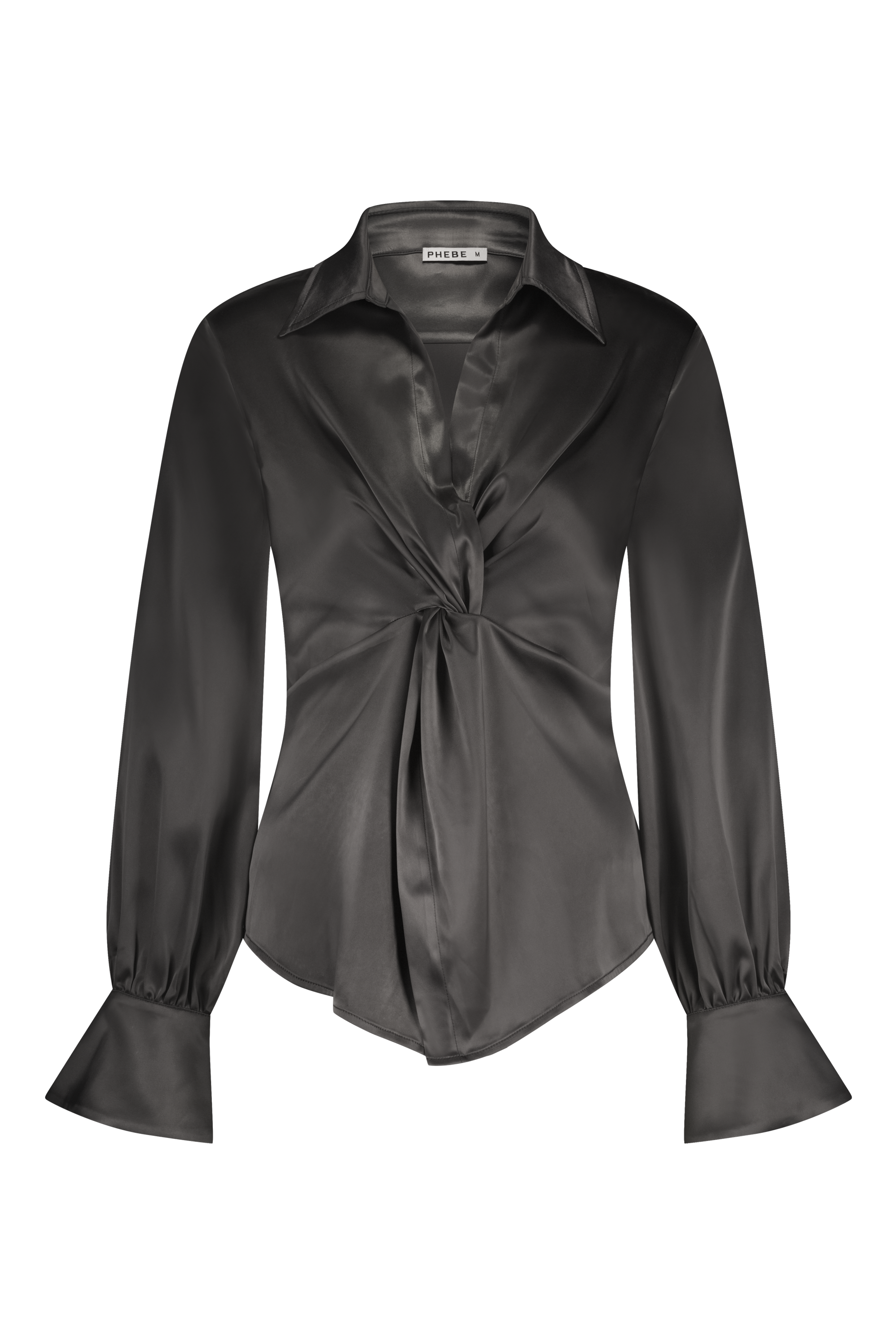 Luxurious satin blouse white with knot detail, non static, with high stretch - front view