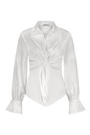 Luxurious satin blouse white with knot detail, non static, with high stretch - front view