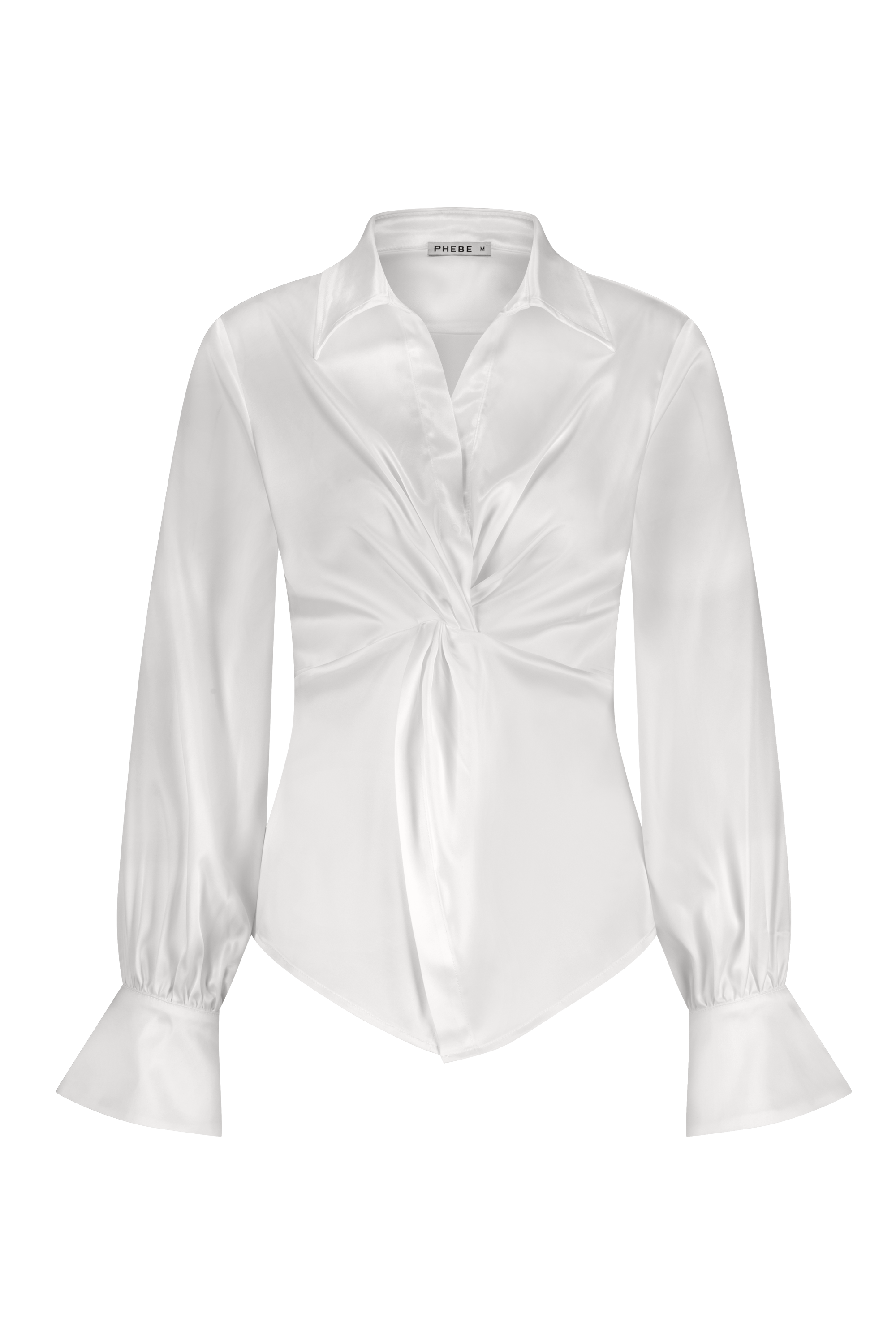 Luxurious satin blouse white with knot detail, non static, with high stretch - front view