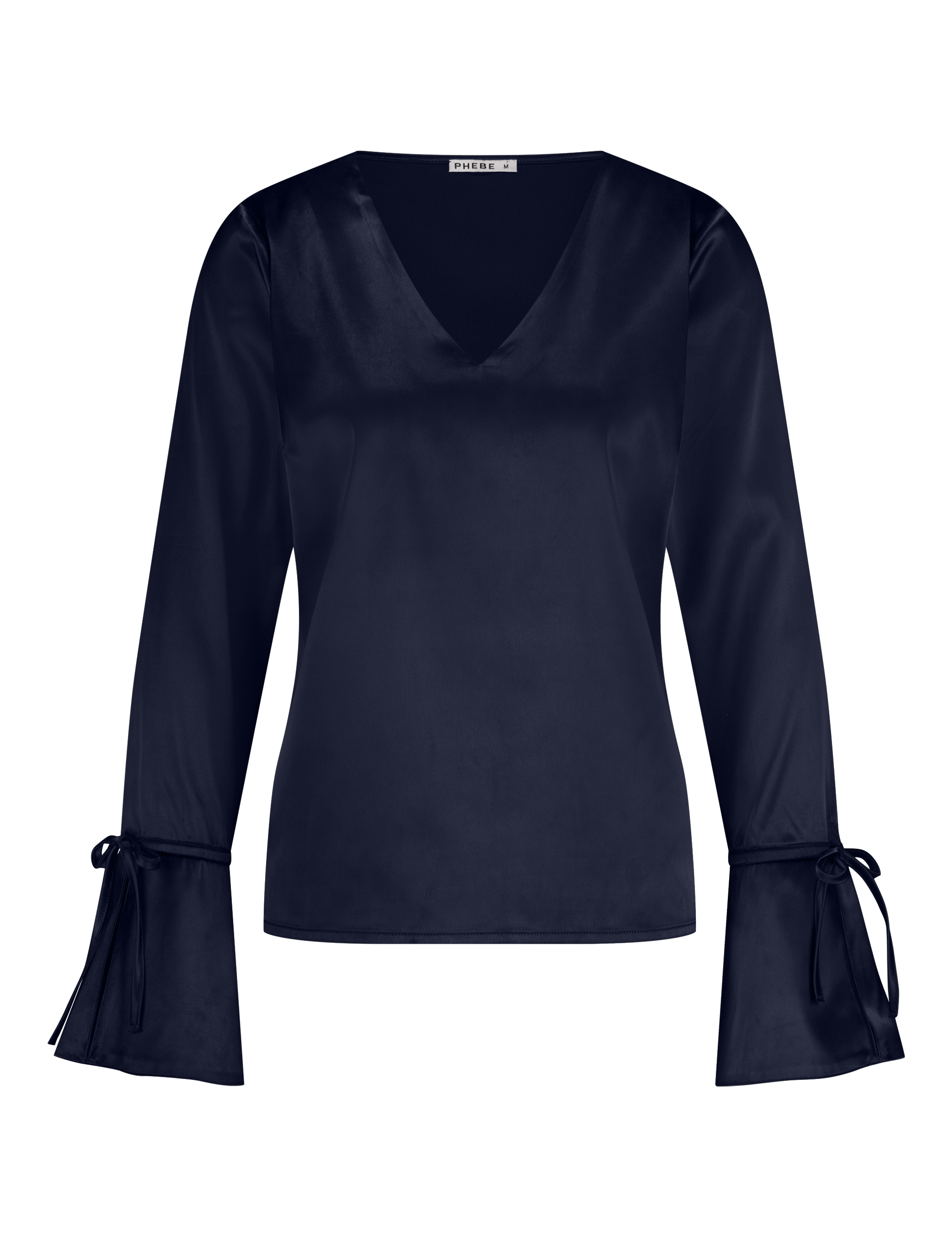 Luxurious satin blouse navy with cuff bow, non static, with high stretch