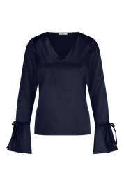 Luxurious satin blouse navy with cuff bow, non static, with high stretch