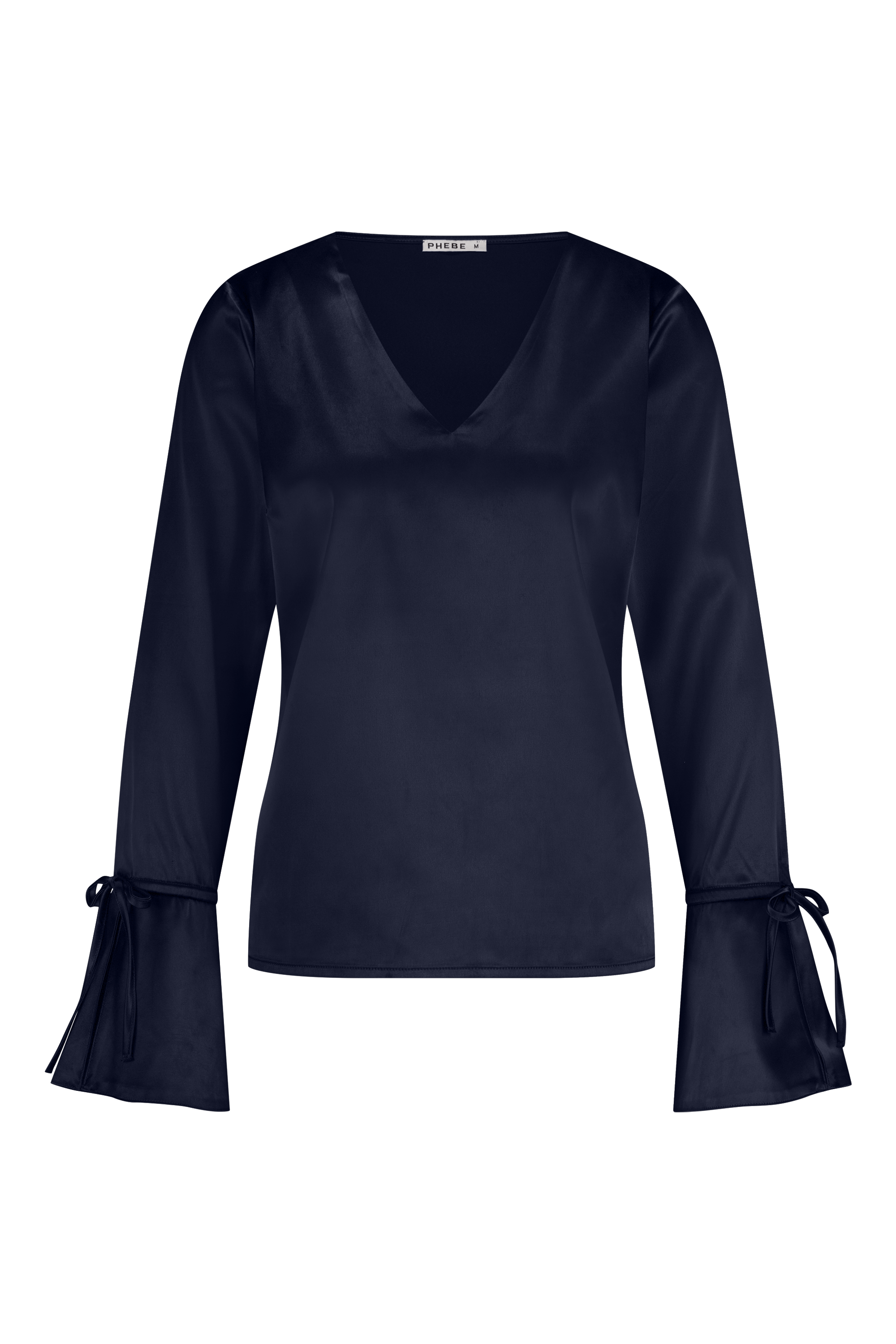 Luxurious satin blouse navy with cuff bow, non static, with high stretch