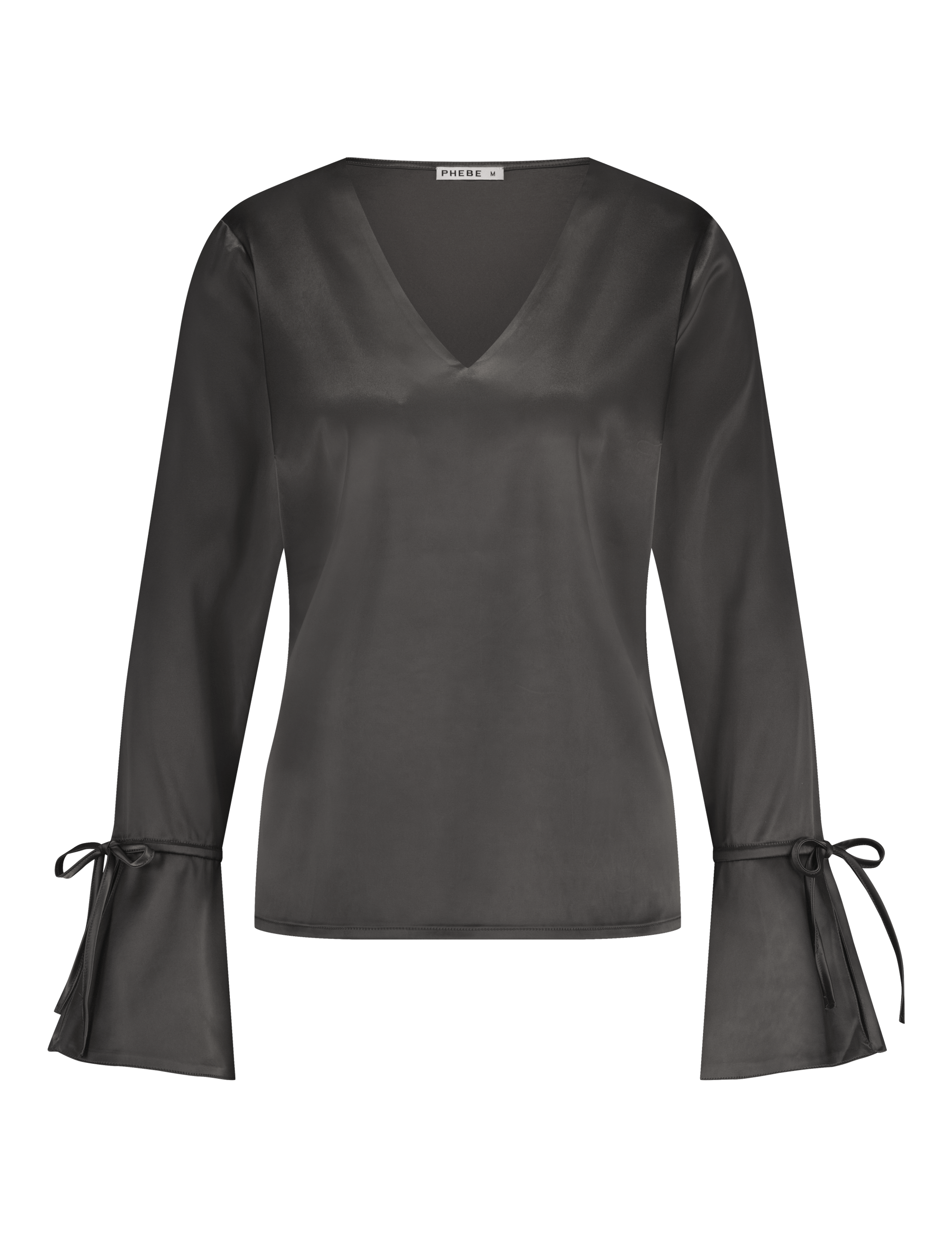Luxurious satin blouse onyx grey with cuff bow, non static, with high stretch - front view 