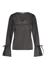 Luxurious satin blouse onyx grey with cuff bow, non static, with high stretch - front view 