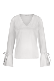 Luxurious satin blouse white with cuff bow, non static, with high stretch