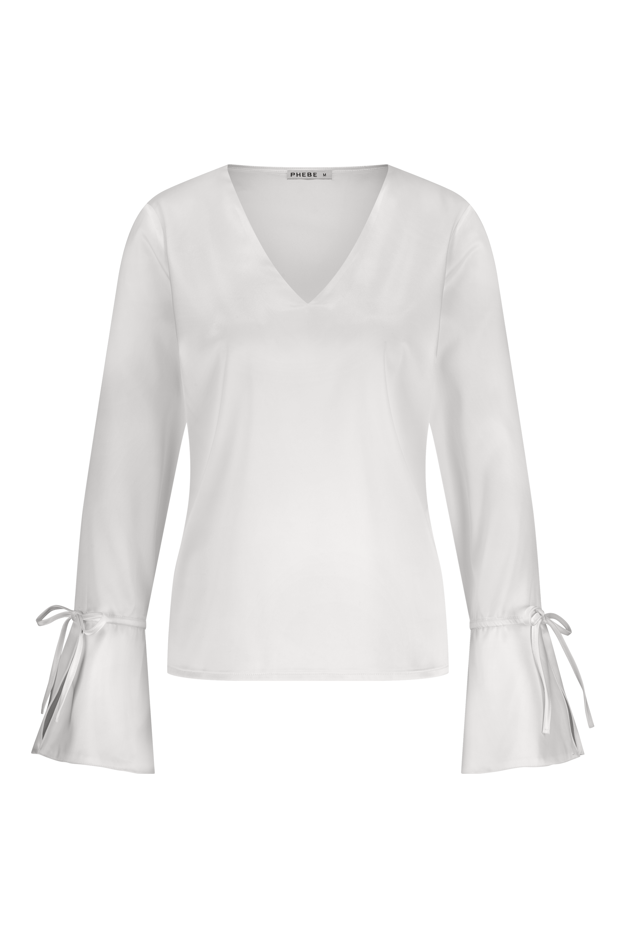 Luxurious satin blouse white with cuff bow, non static, with high stretch