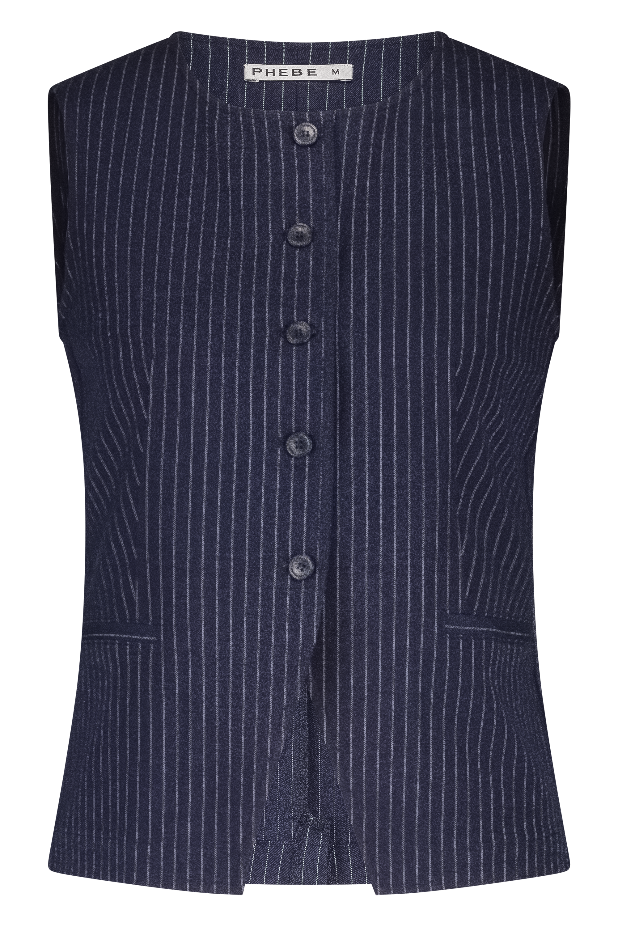 Navy/Dark blue fitted PHEBE gilet with pinstripe, buttons and high neck