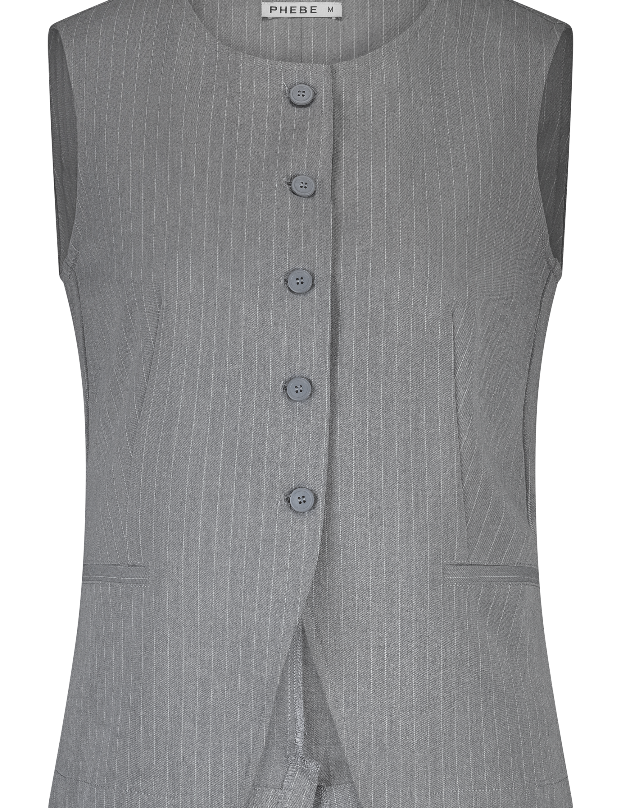 Grey fitted PHEBE gilet with pinstripe, buttons and high neck