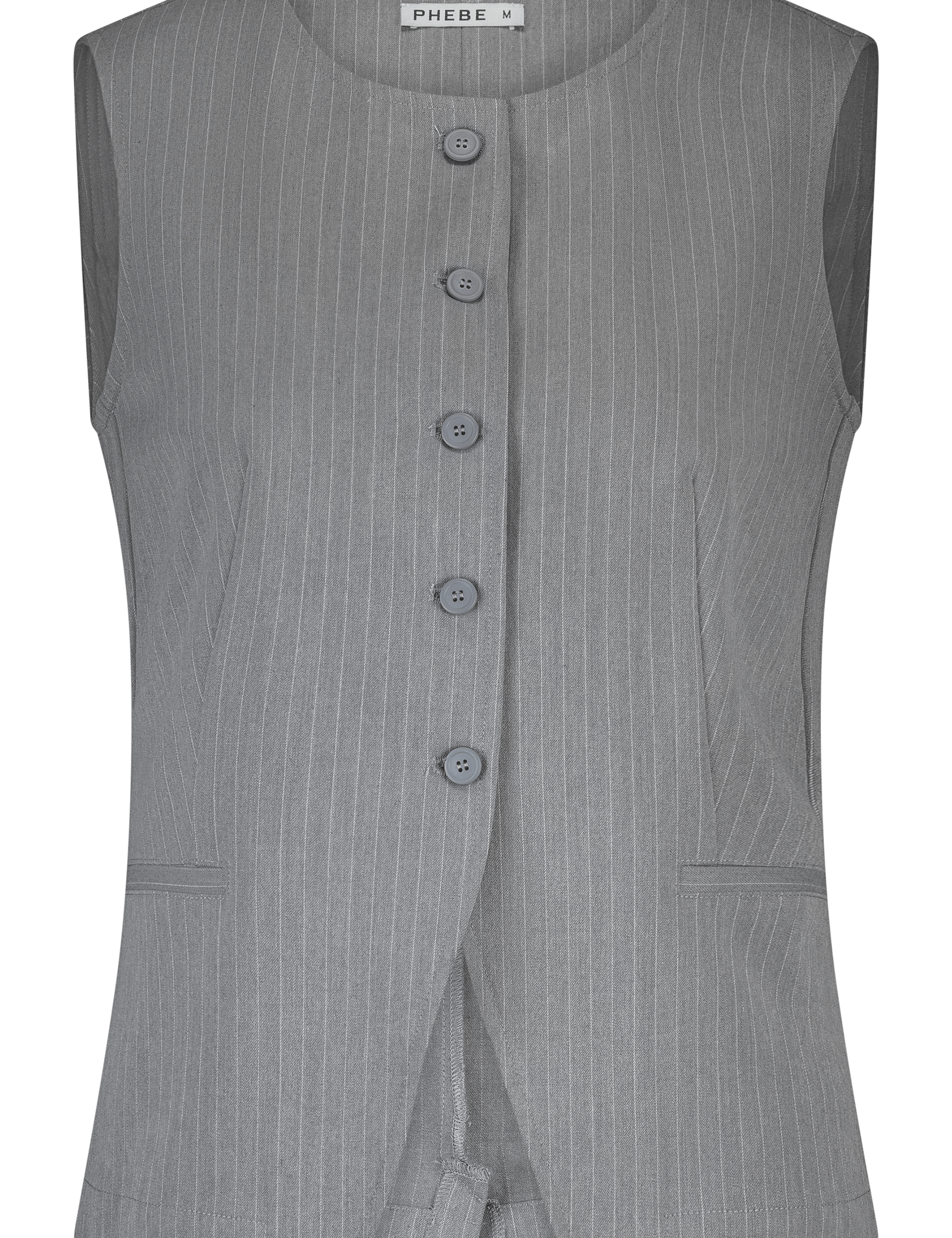 Grey fitted PHEBE gilet with pinstripe, buttons and high neck