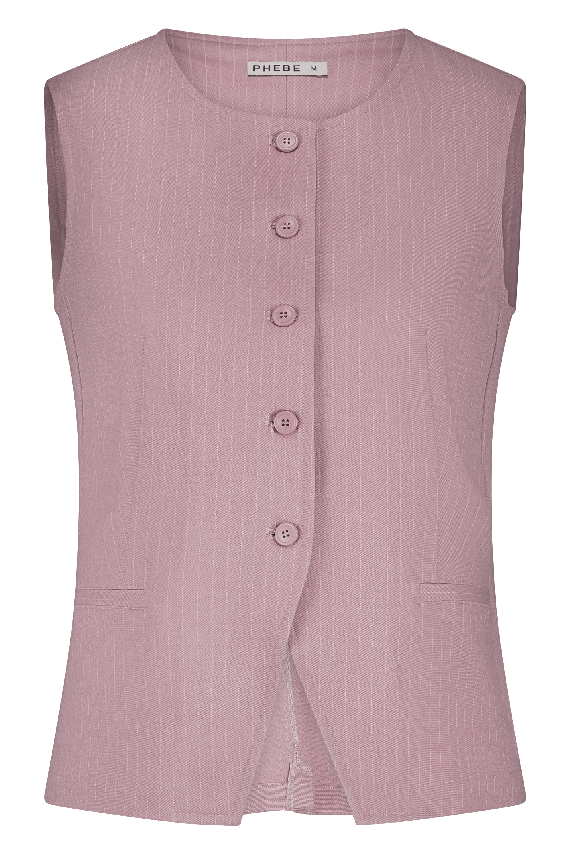 Fitted PHEBE gilet with pinstripe in pink and high neck - front view