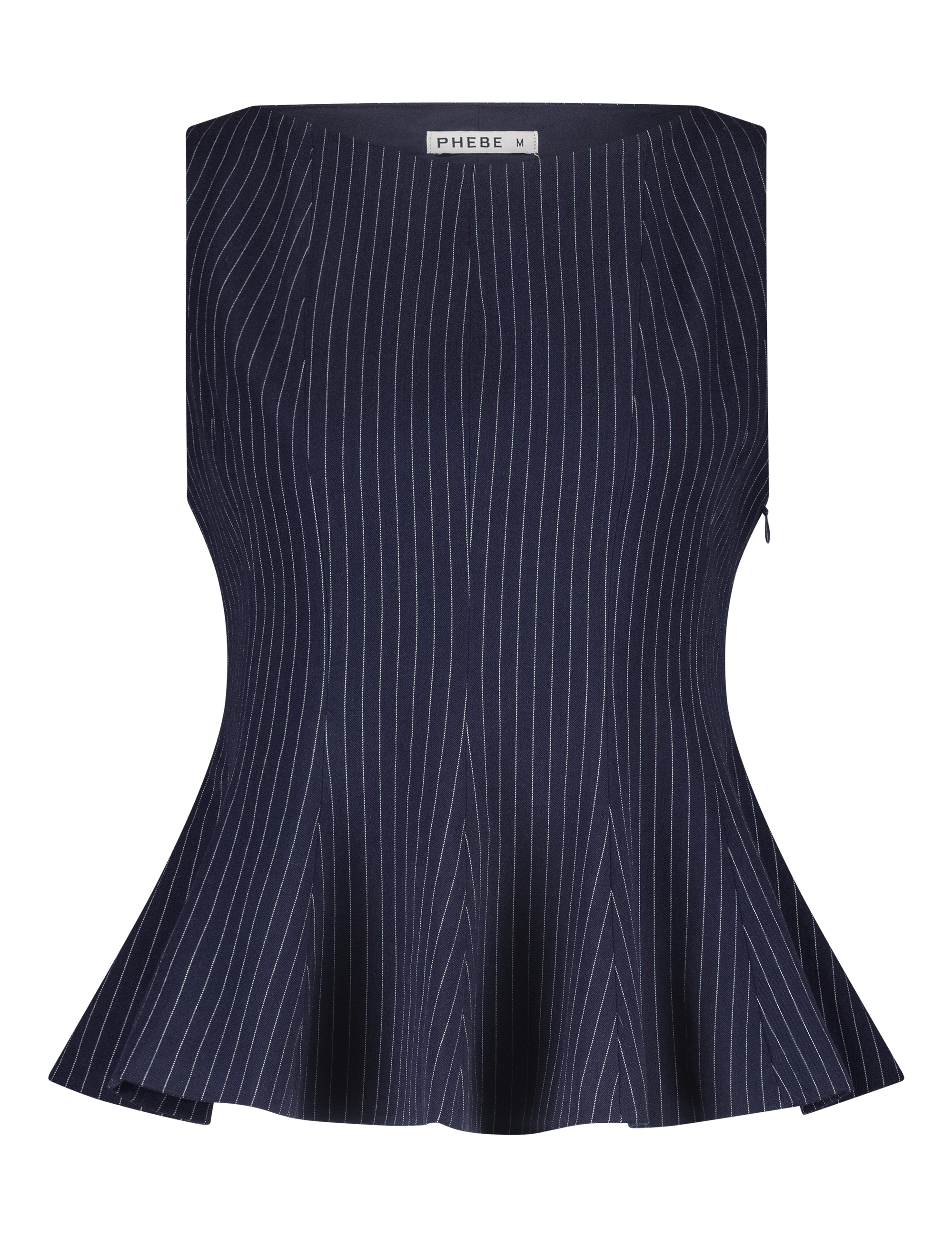 Navy peplum top with high neck pinstripe