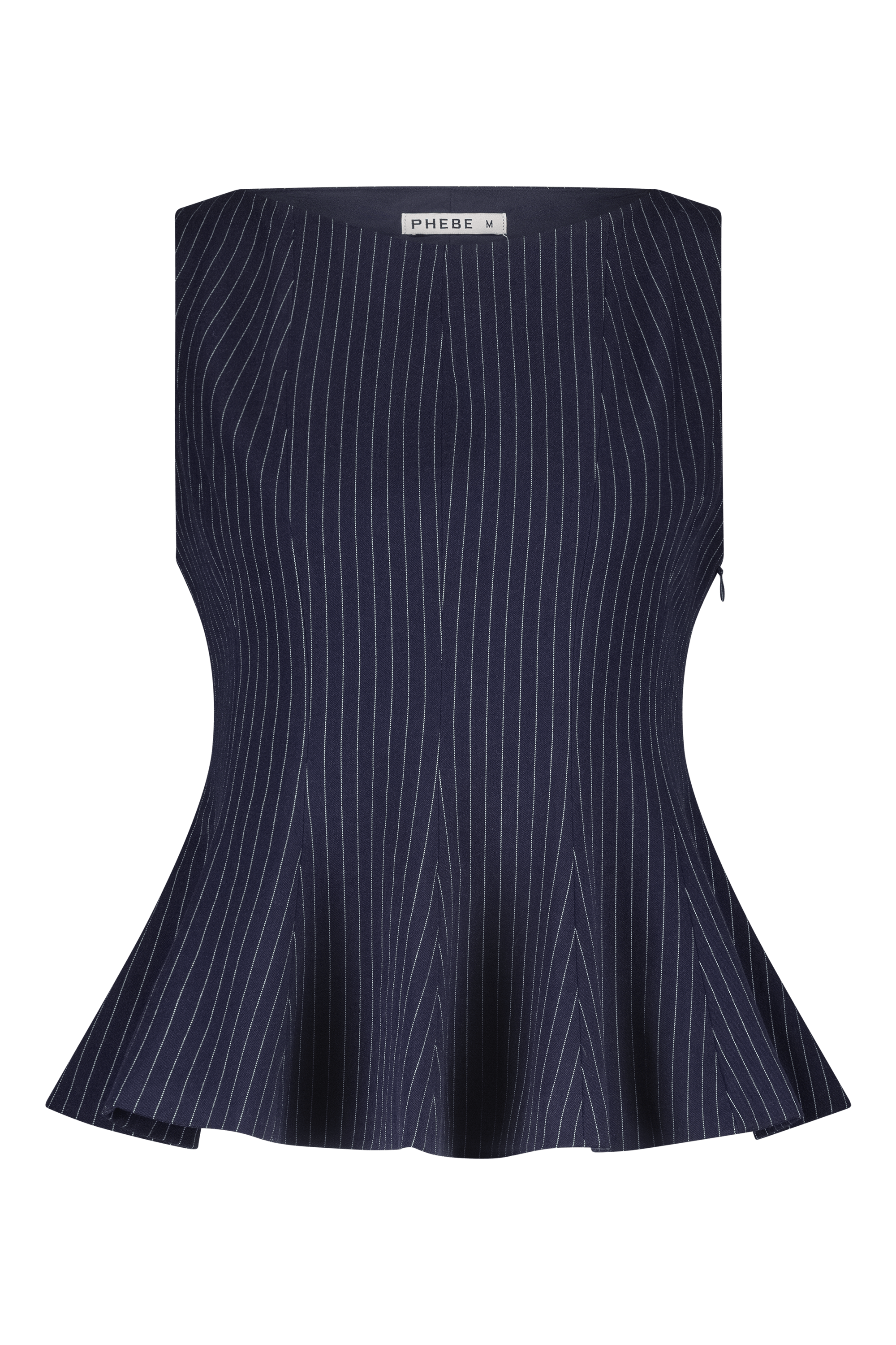 Dark blue/Navy peplum top with high neck pinstripe