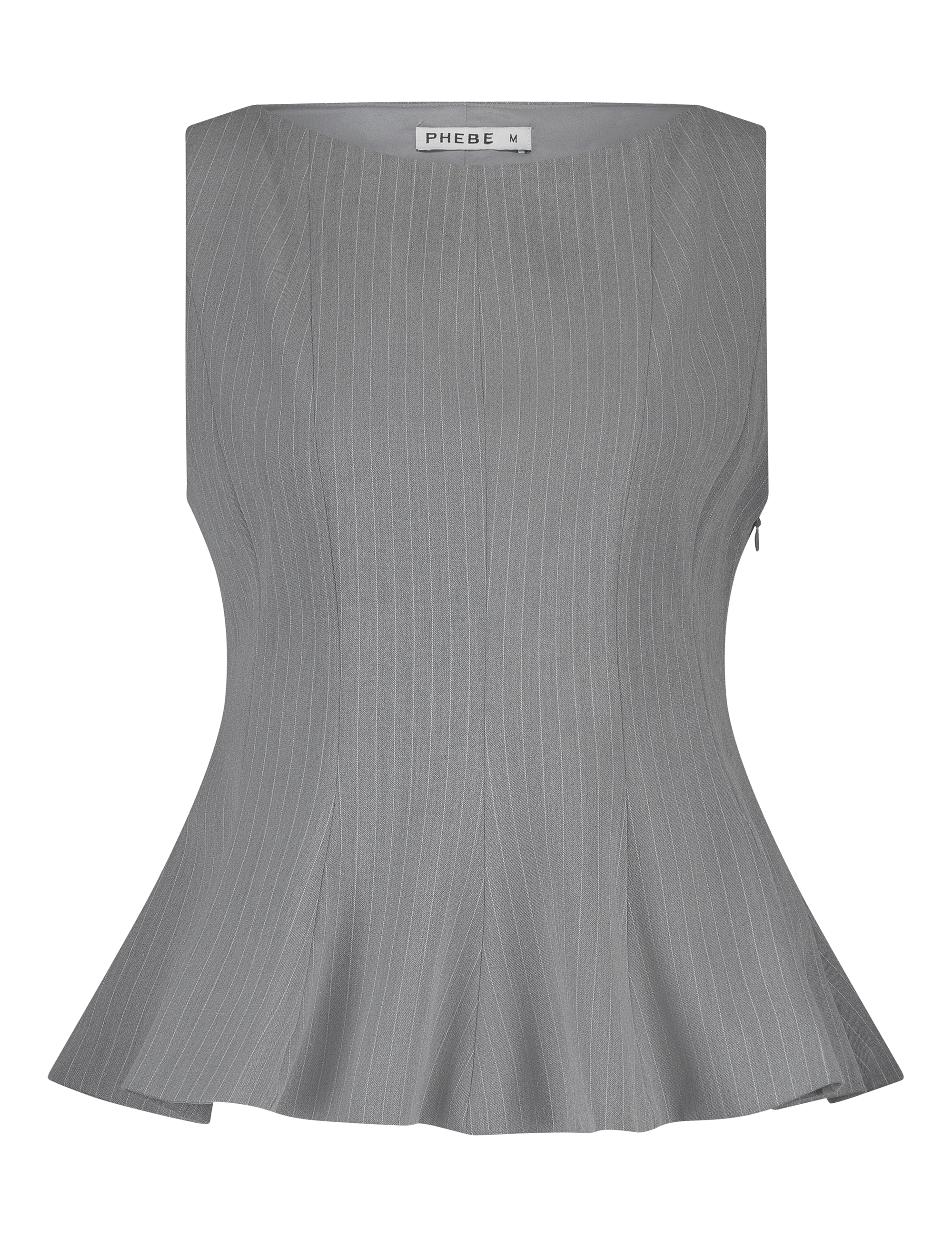 Grey peplum top with high neck pinstripe