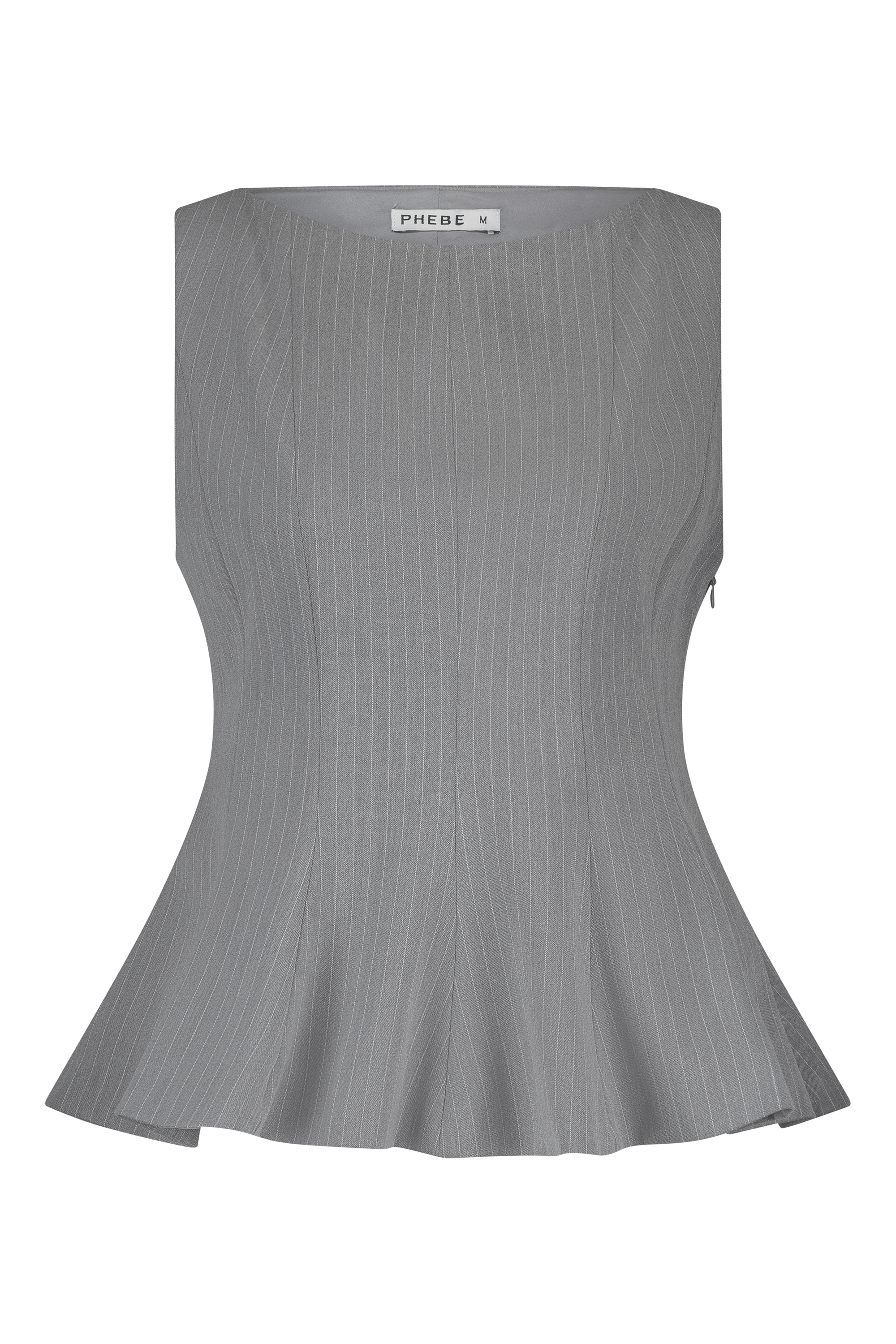 Grey peplum top with high neck pinstripe