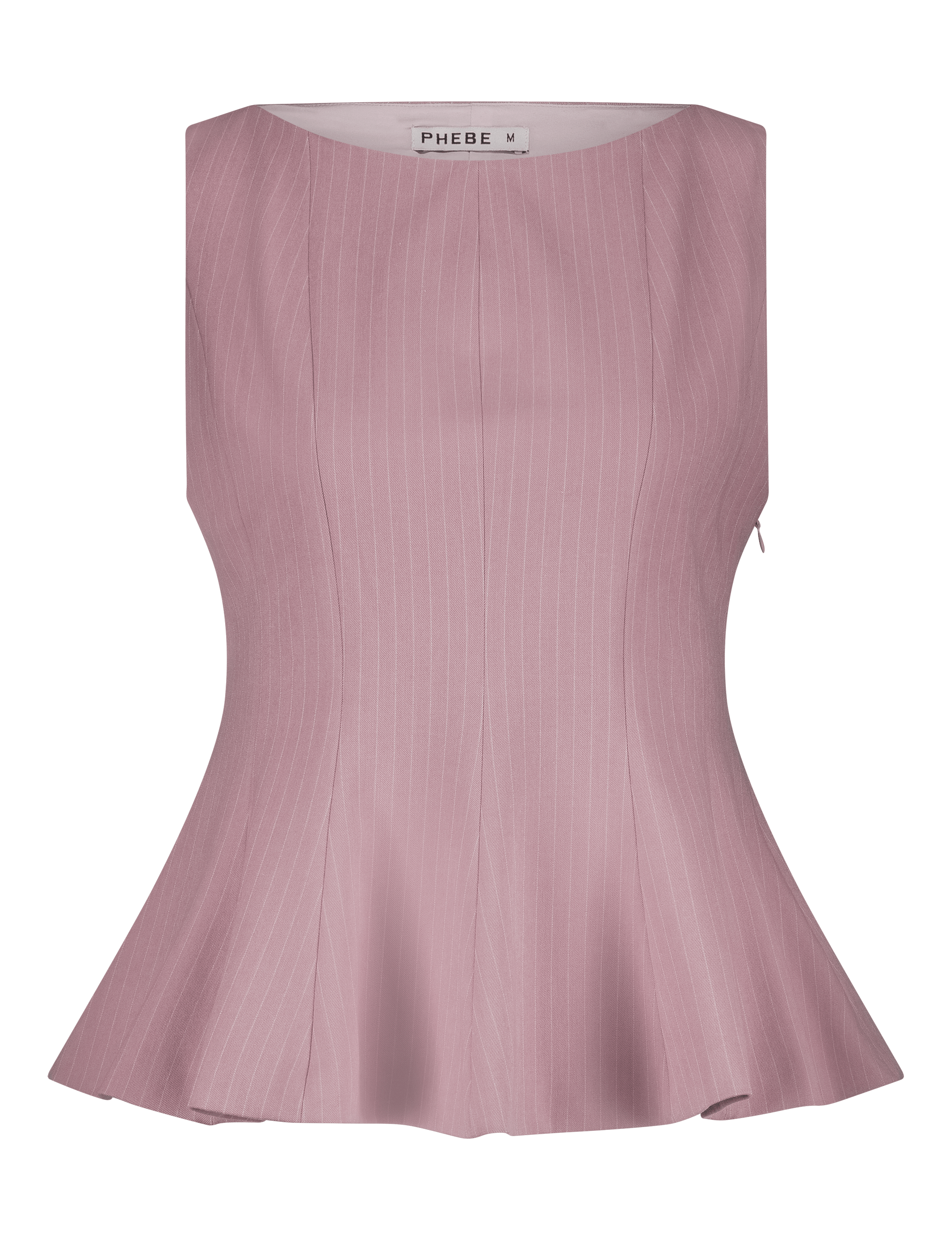 Pink peplum top with high neck pinstripe
