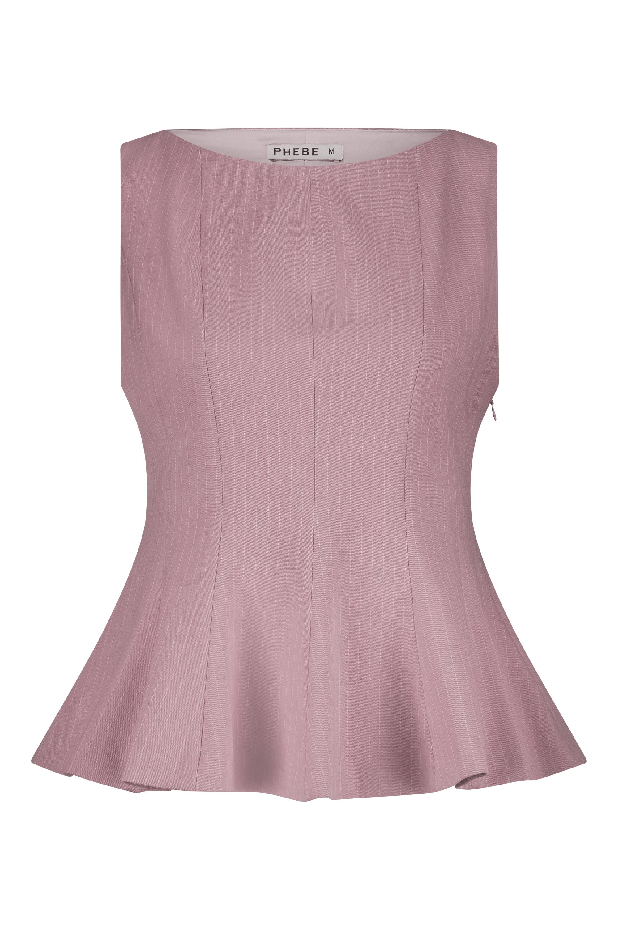 Pink peplum top with high neck pinstripe