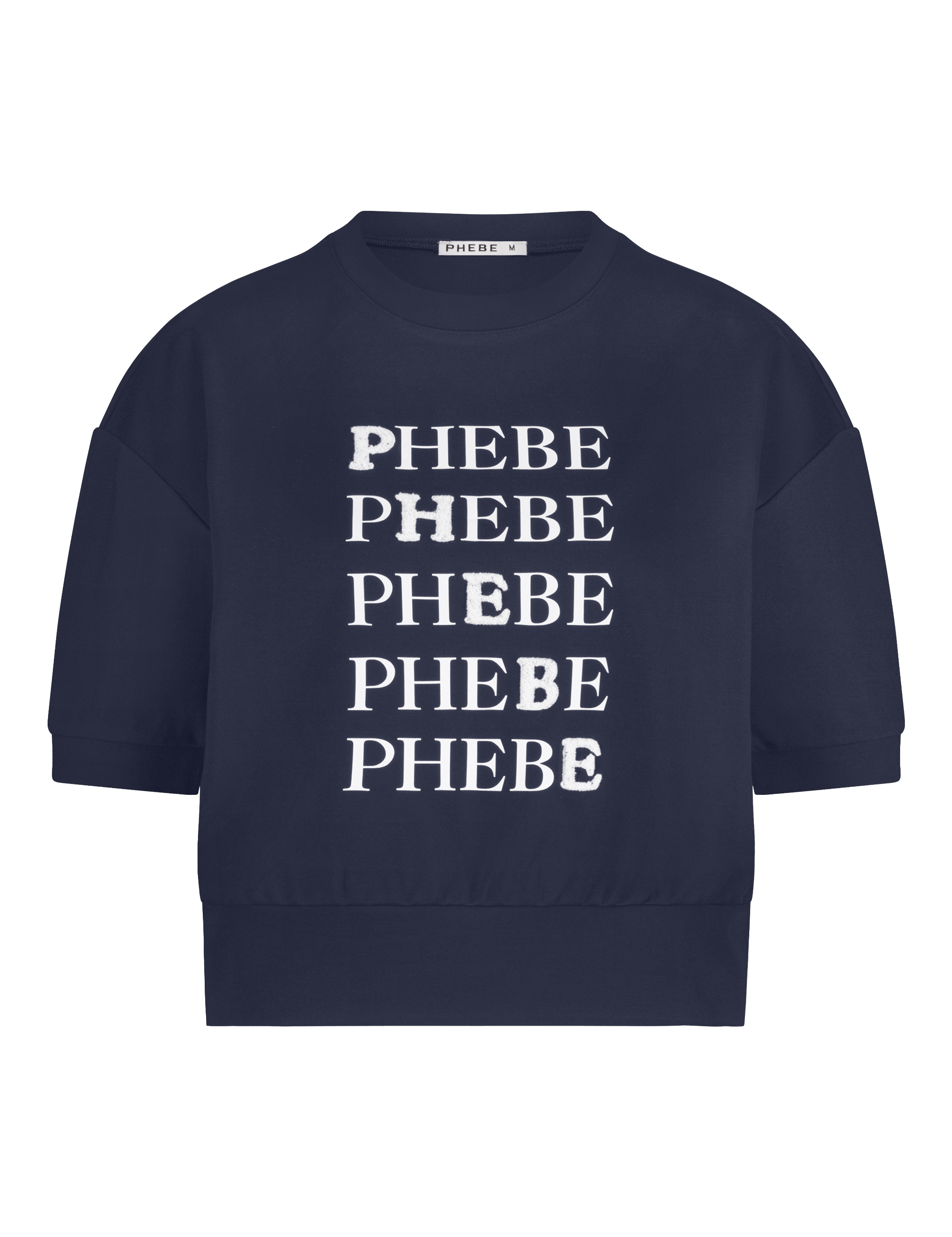 Navy blue sweatshirt punta di roma with 'PHEBE' printed five times in white on a white background