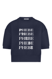 Dark blue/Navy blue sweatshirt punta di roma with 'PHEBE' printed five times in white on a white background