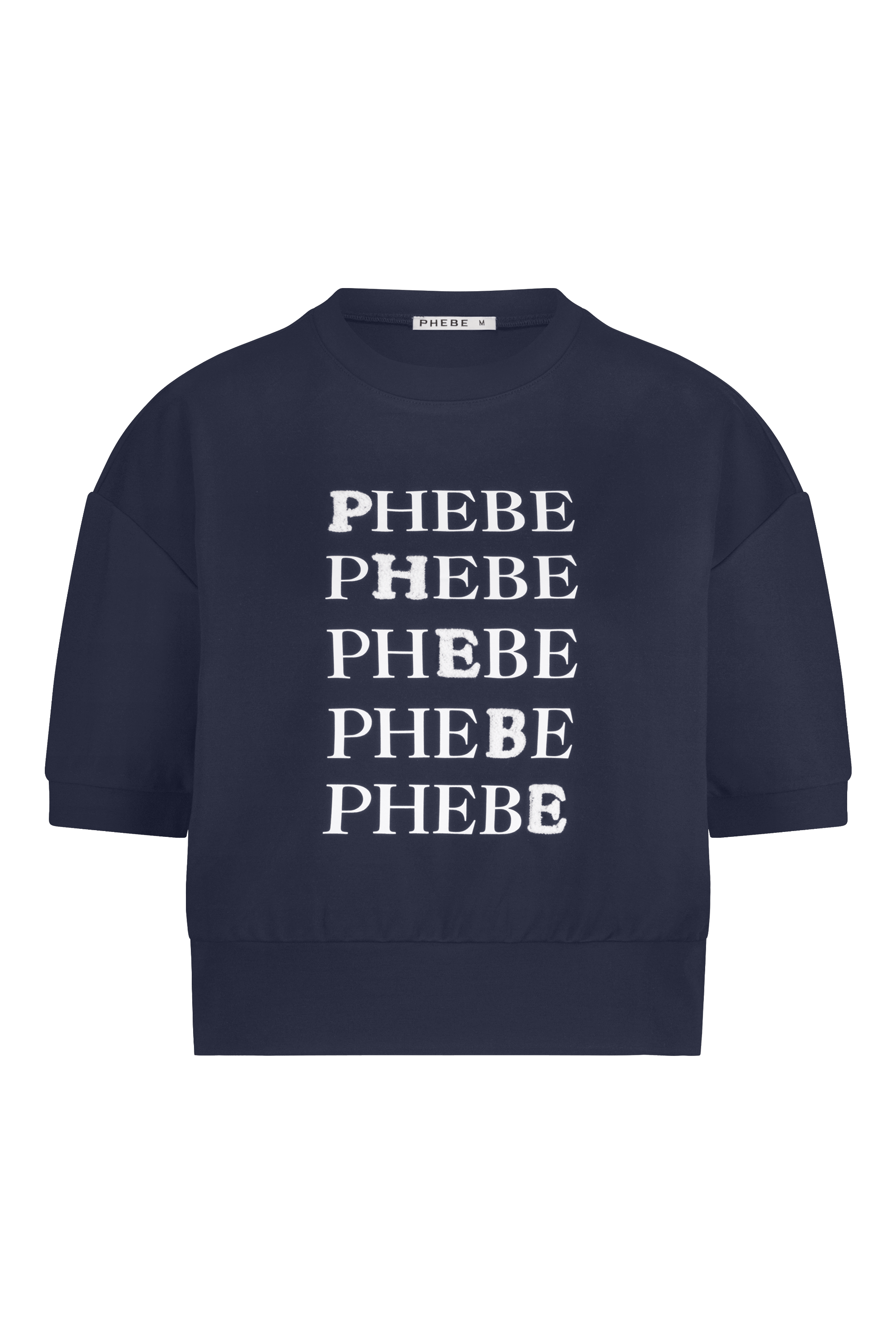 Dark blue/Navy blue sweatshirt punta di roma with 'PHEBE' printed five times in white on a white background