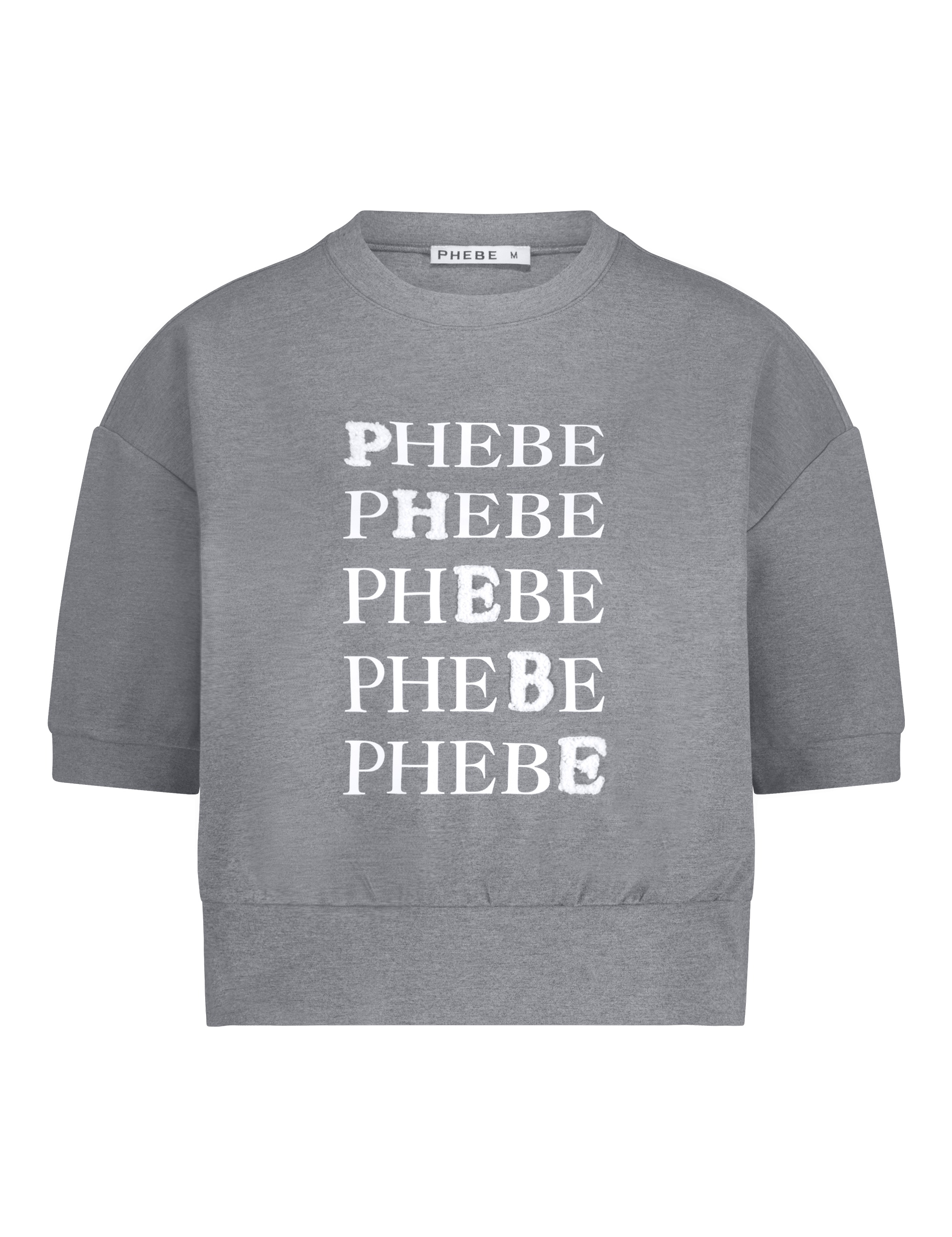 Grey sweatshirt punta di roma with 'PHEBE' text printed multiple times on a white background
