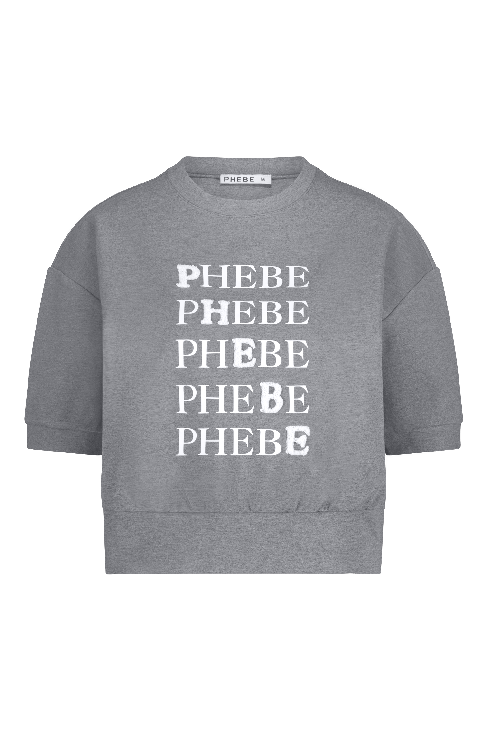 Grey sweatshirt punta di roma with 'PHEBE' text printed multiple times on a white background