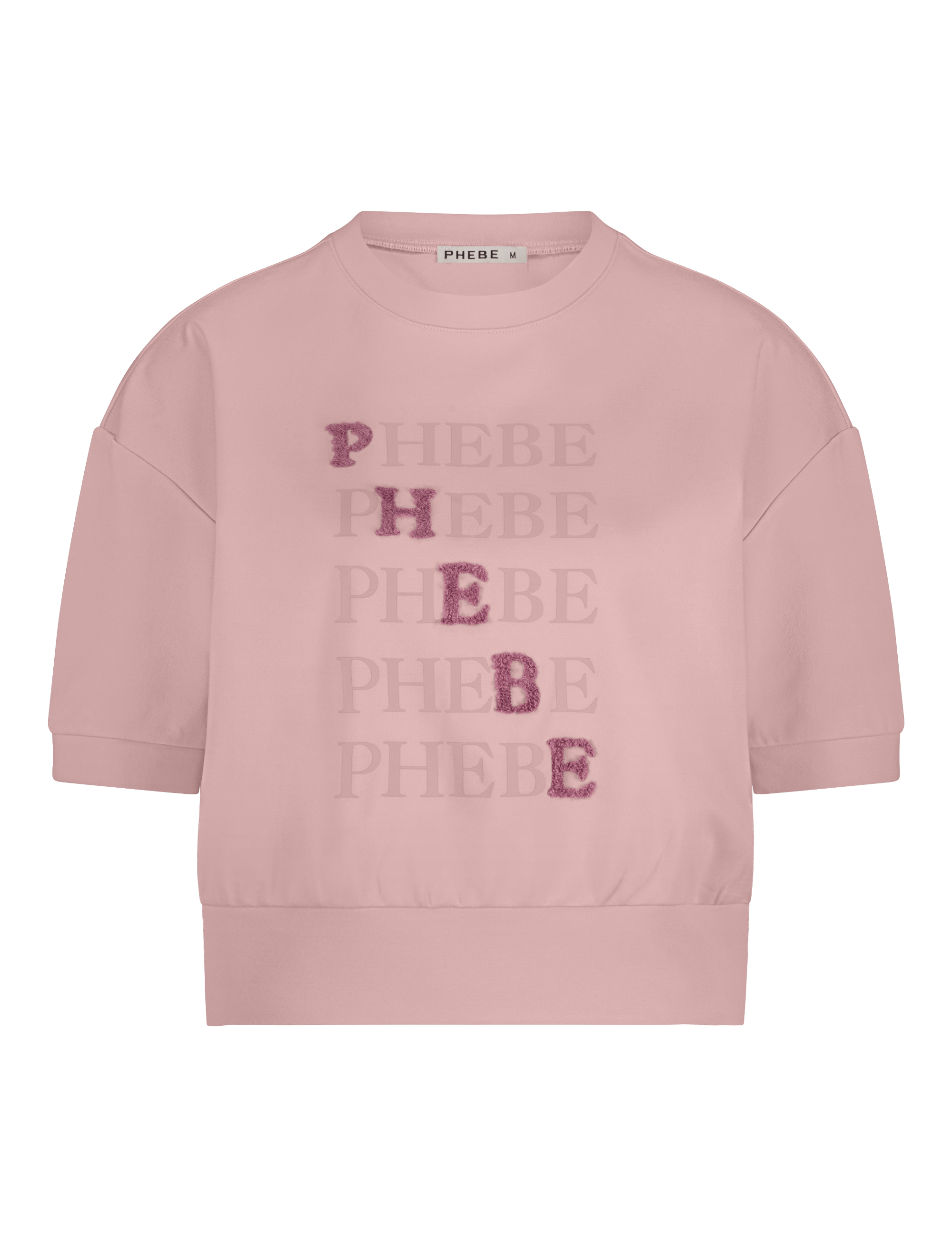 Pink sweatshirt punta di roma with 'PHEBE' printed multiple times on a white background