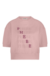 Pink sweatshirt punta di roma with 'PHEBE' printed multiple times on a white background