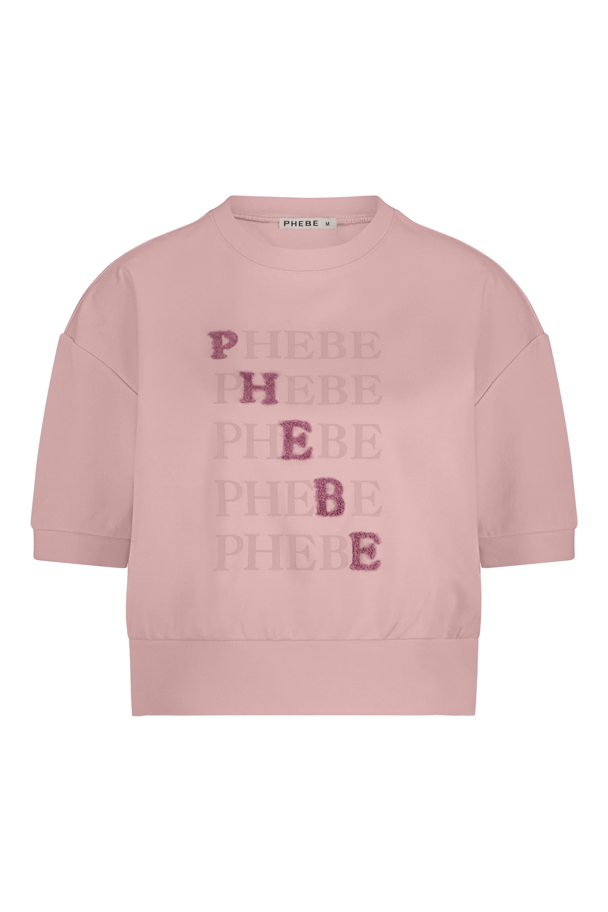 Pink sweatshirt punta di roma with 'PHEBE' printed multiple times on a white background