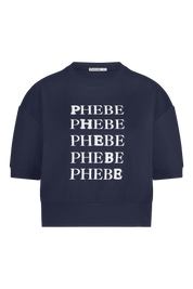 Dark blue/Navy blue sweatshirt punta di roma with 'PHEBE' printed five times in white on a white background